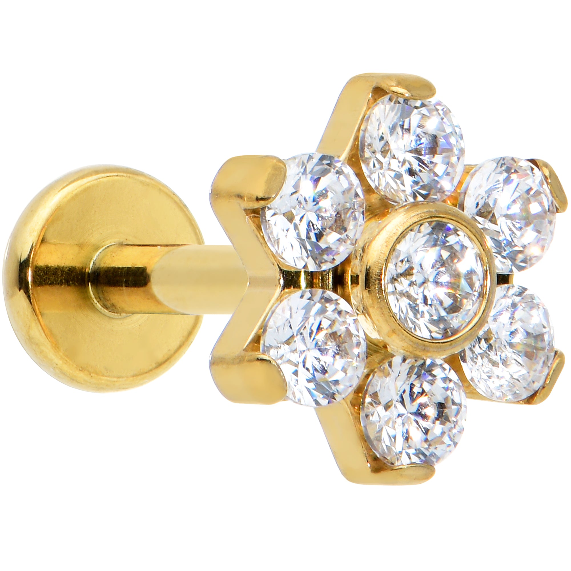 16 Gauge 1/4 Clear CZ Gem Gold Tone G23 Titanium Flower Labret Tragus