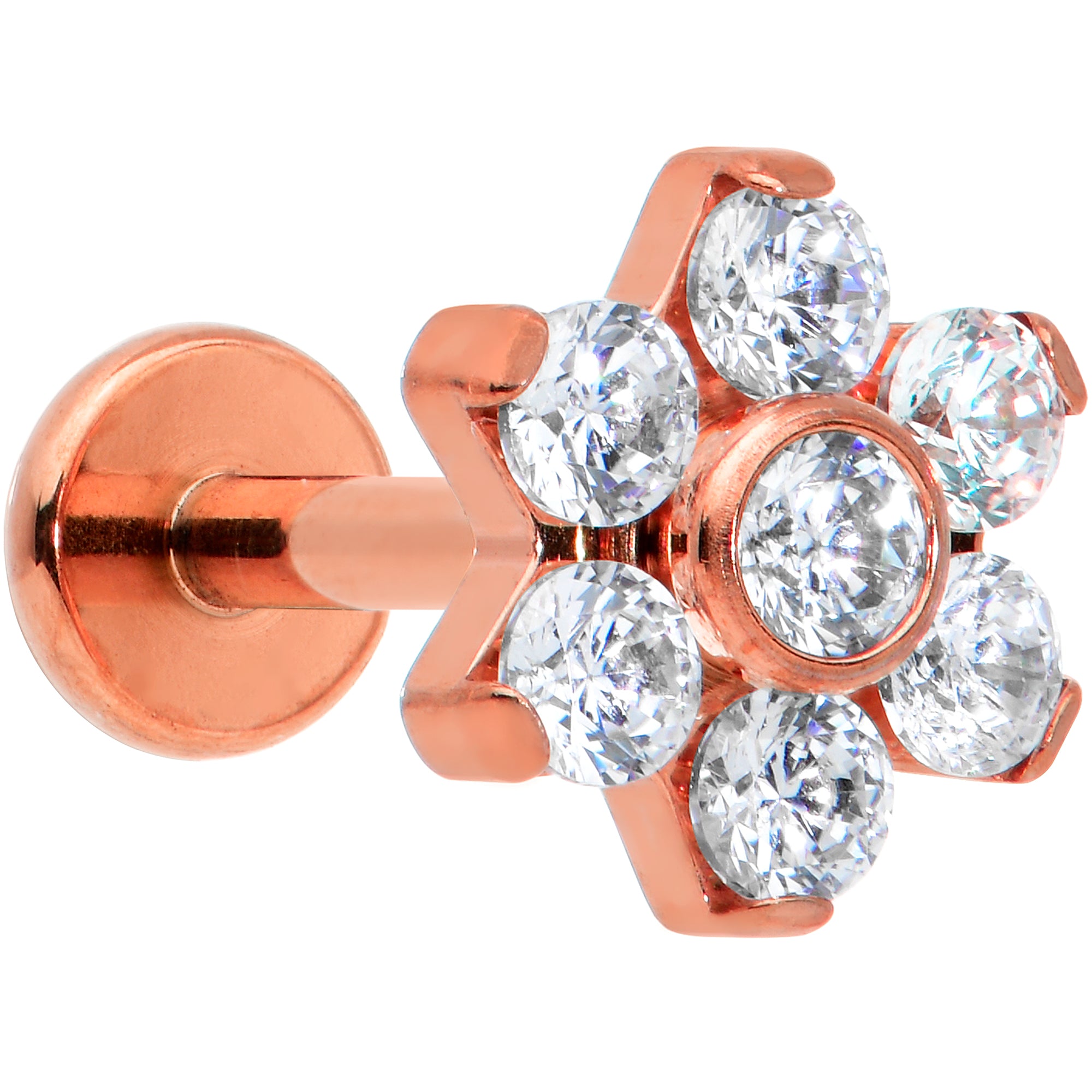 16 Gauge 1/4 Clear CZ Gem Rose Gold Tone G23 Titanium Flower Labret