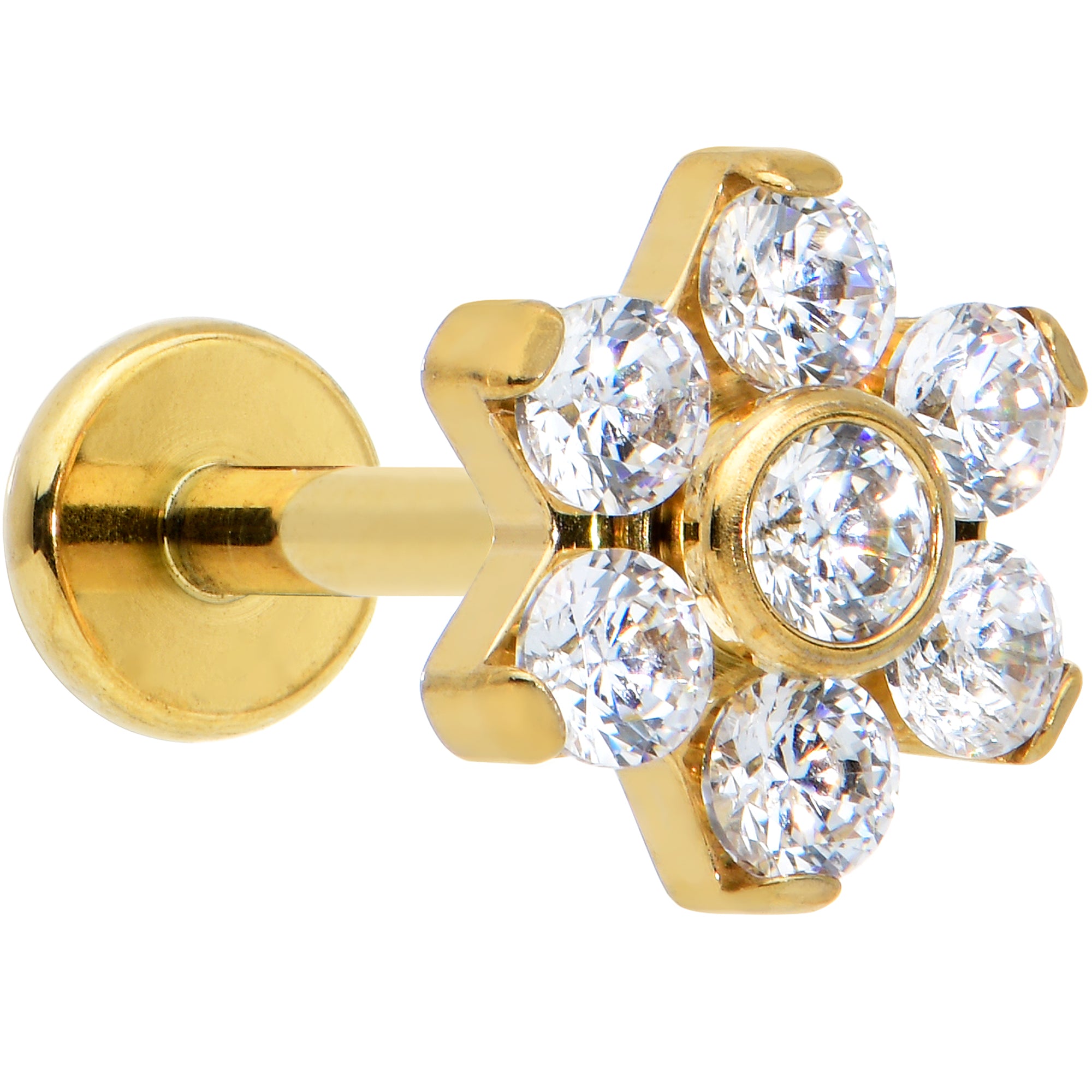 16 Gauge 5/16 Clear CZ Gem Gold Hue G23 Titanium Flower Labret Tragus