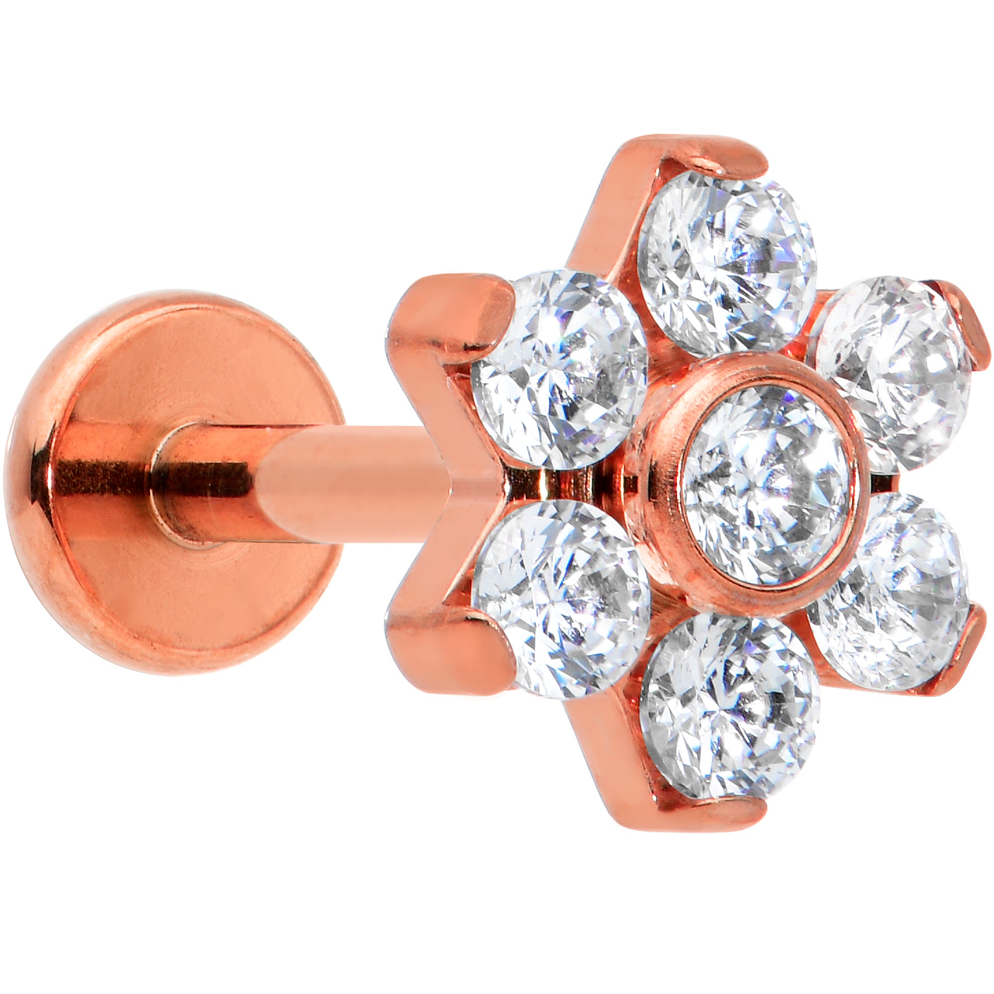 16 Gauge 5/16 Clear CZ Gem Rose Gold Hue G23 Titanium Flower Labret