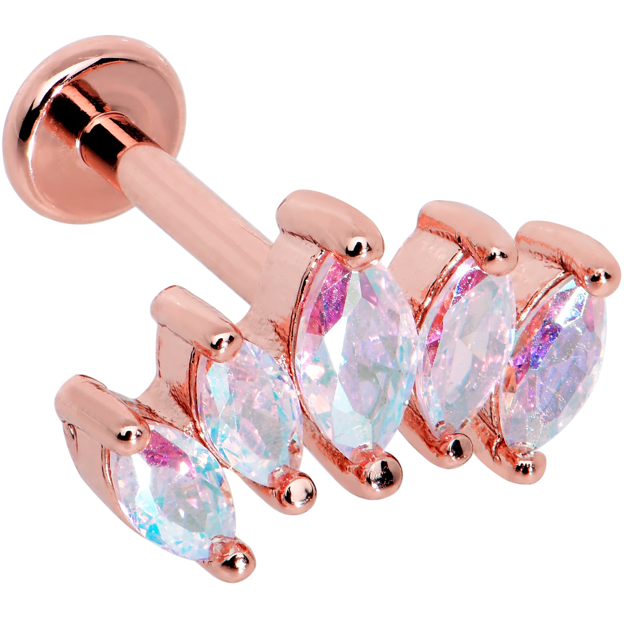 16 Gauge 5/16 Clear CZ Gem Rose Gold Hue Fan Internally Thread Labret