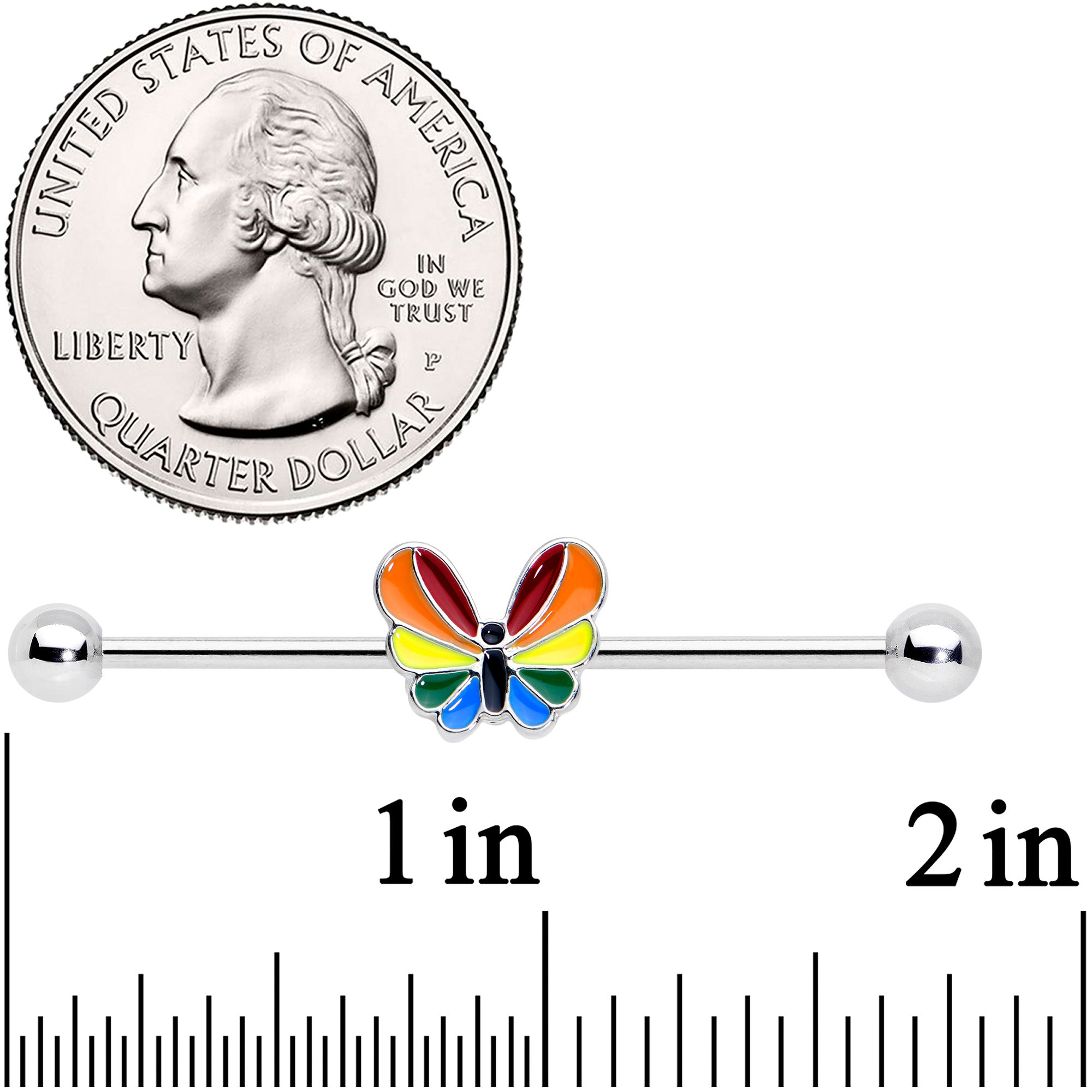 14 Gauge Pride Rainbow Stripes Butterfly Industrial Barbell 38mm