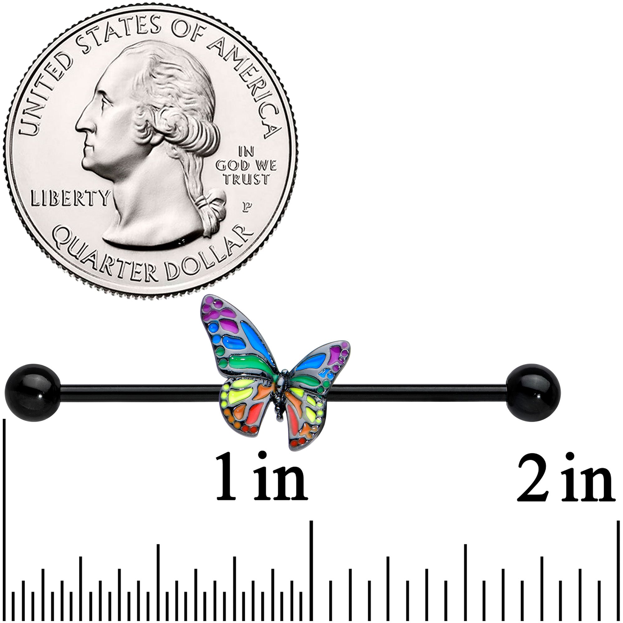 14 Gauge Black Rainbow Pride Butterfly Industrial Barbell 38mm