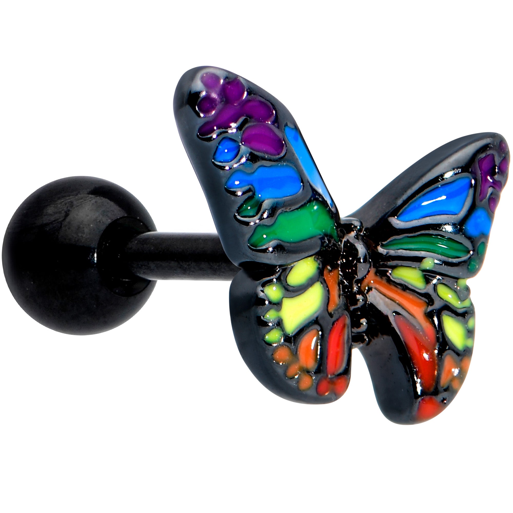 16 Gauge 1/4 Black Rainbow Pride Butterfly Cartilage Tragus Earring