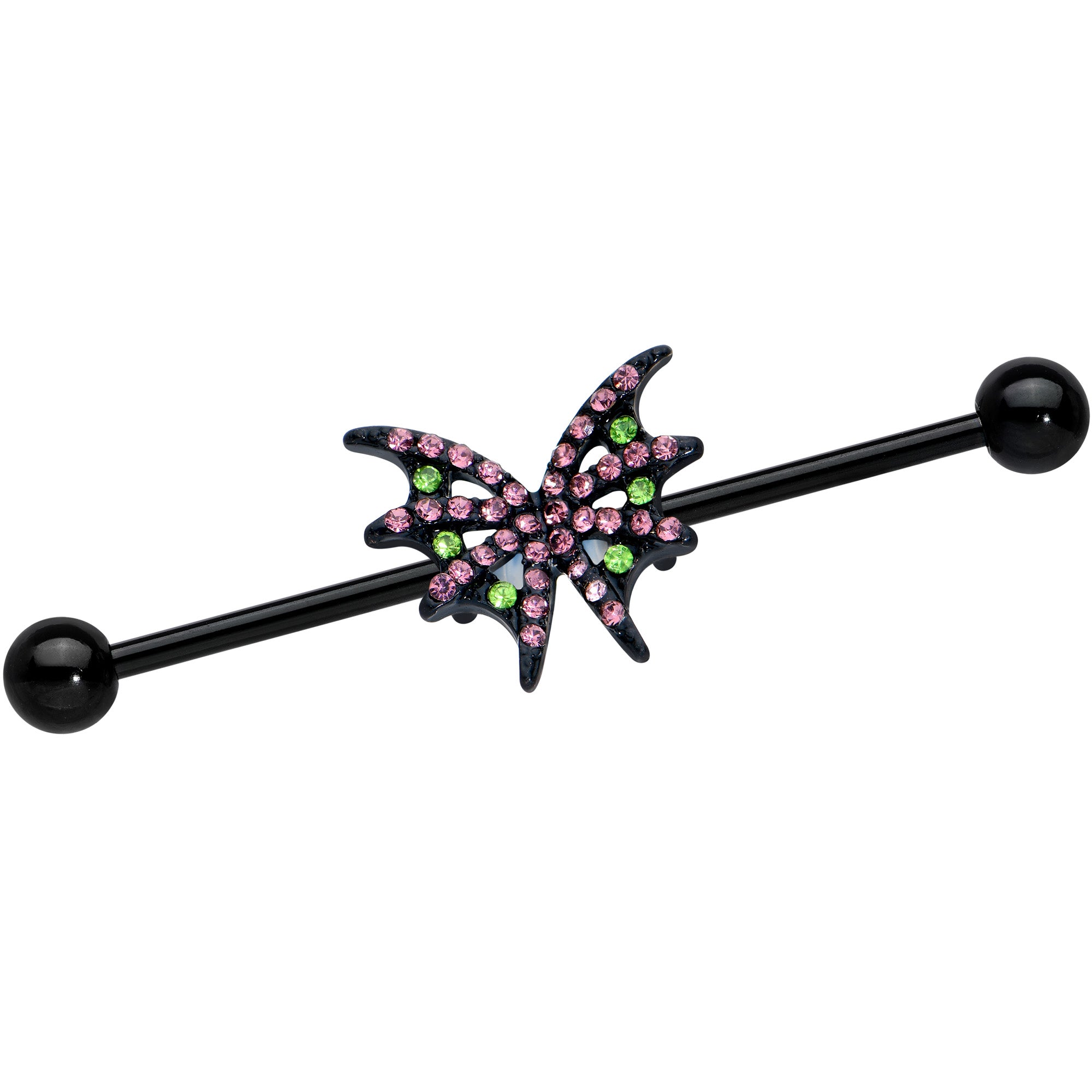 14 Gauge Pink Green Gem Black Bat Wing Industrial Barbell 38mm