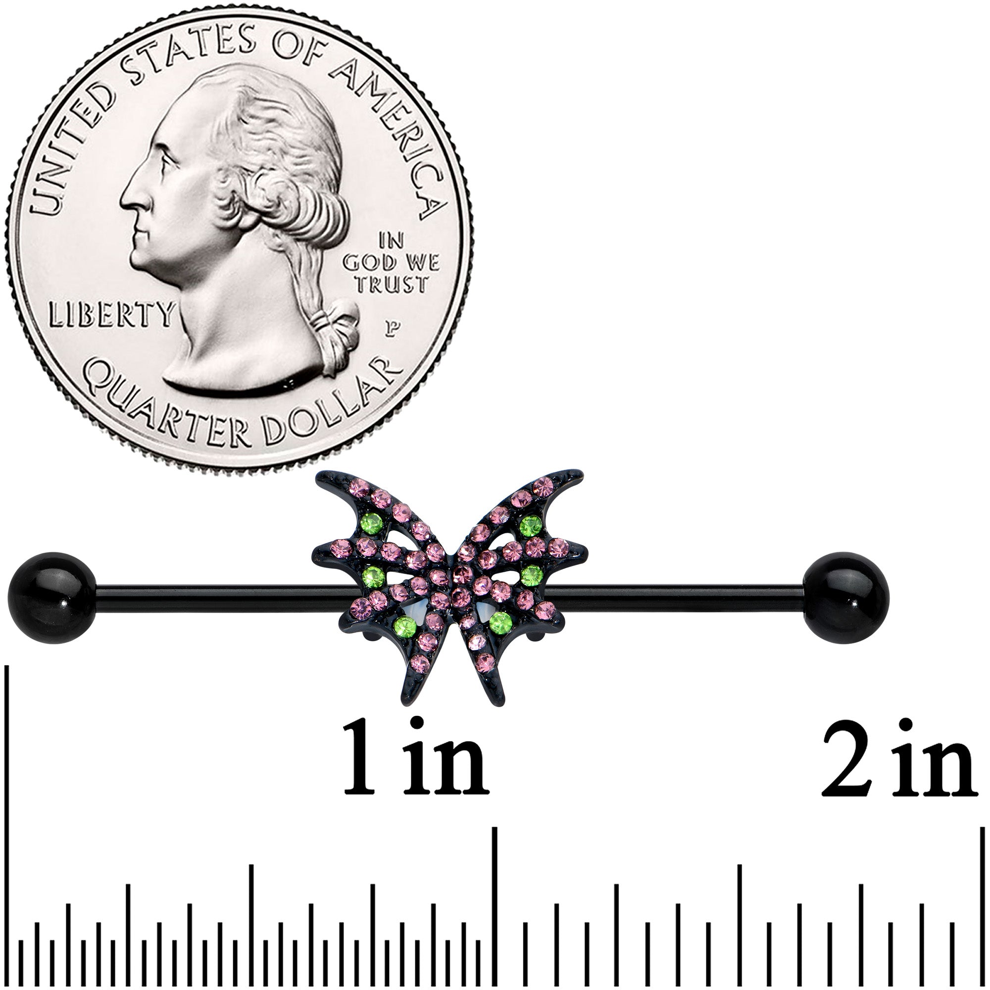 14 Gauge Pink Green Gem Black Bat Wing Industrial Barbell 38mm