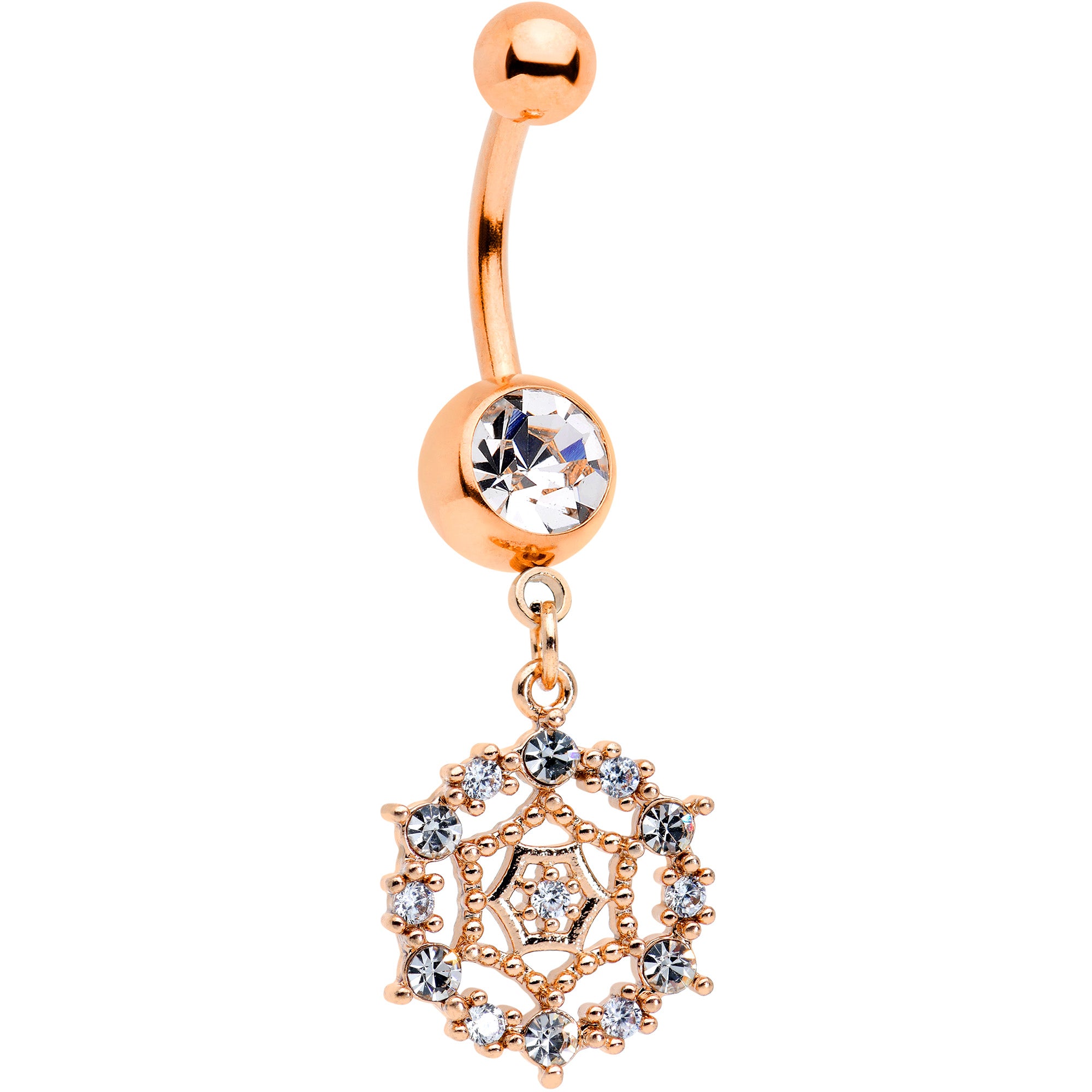 Clear CZ Gem Rose Gold Tone Geometric Web Dangle Belly Ring