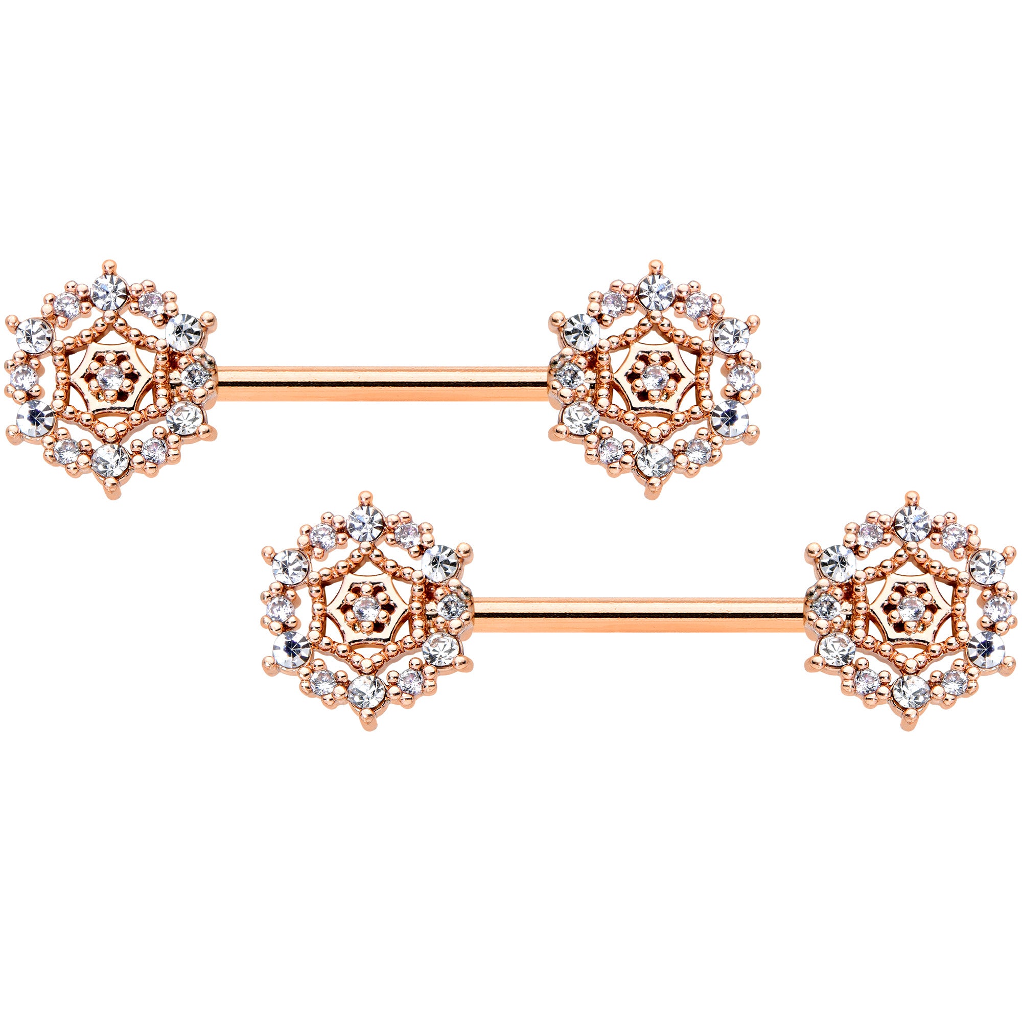 14 Gauge 9/16 Clear CZ Gem Rose Gold Hue Geometric Web Nipple Ring Set