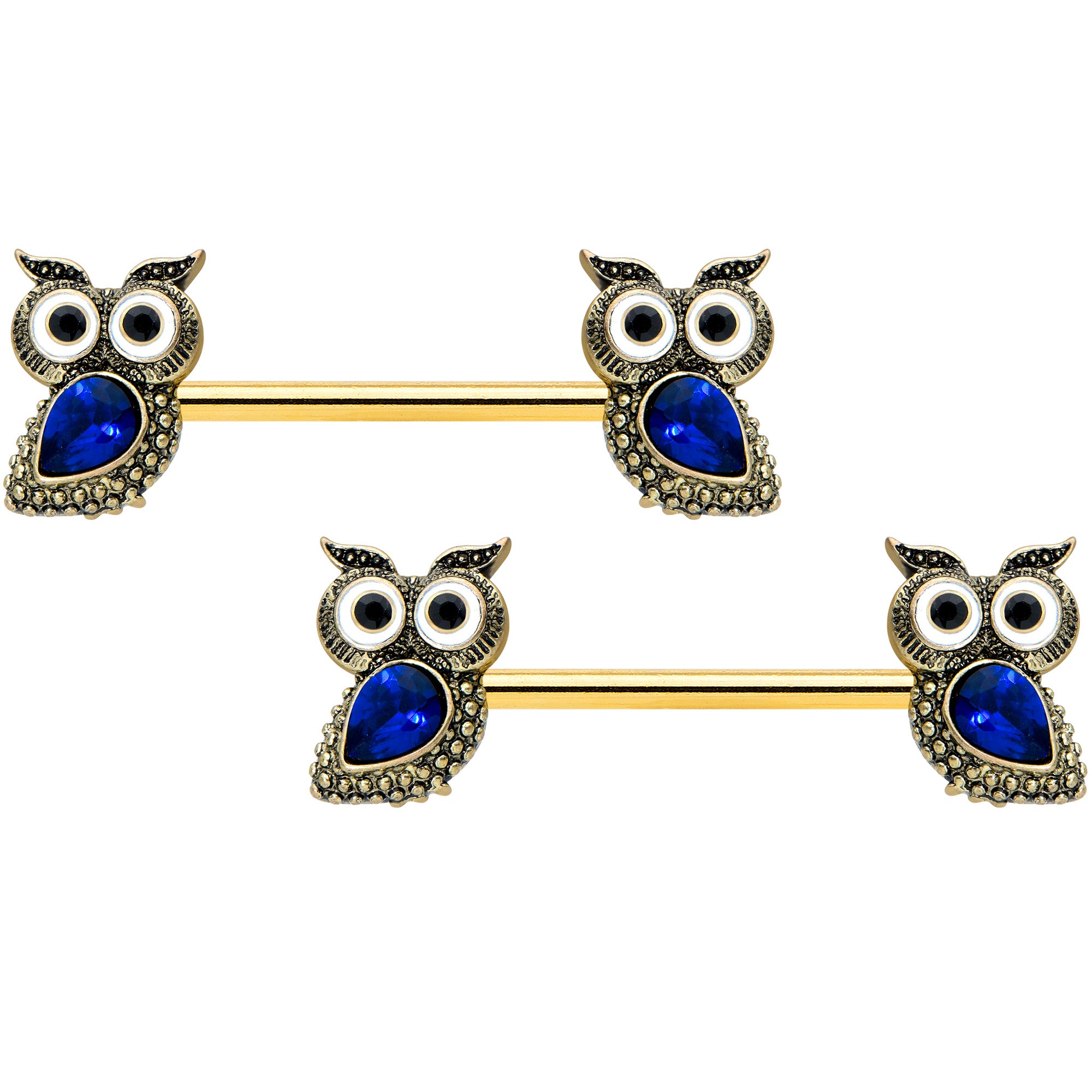 14 Gauge 9/16 Blue Gem Gold Tone Wide Eye Owl Barbell Nipple Ring Set