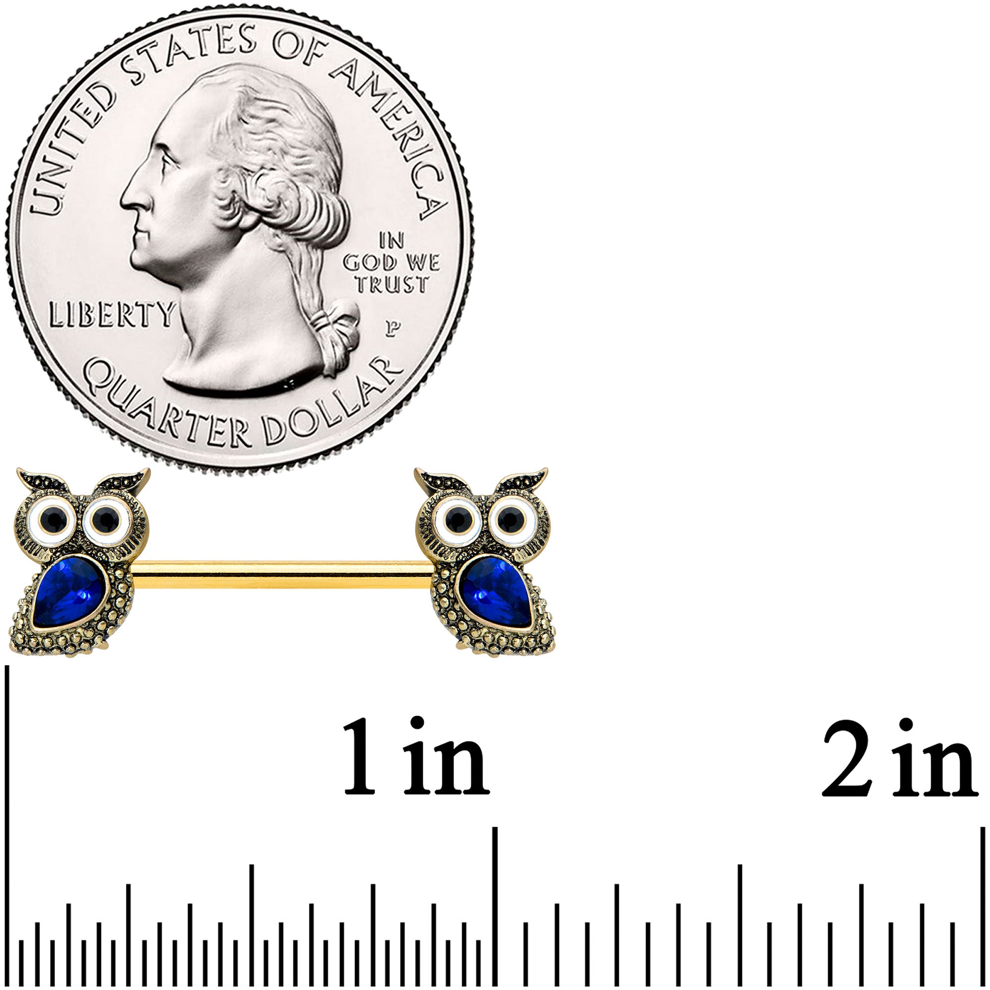 14 Gauge 9/16 Blue Gem Gold Tone Wide Eye Owl Barbell Nipple Ring Set