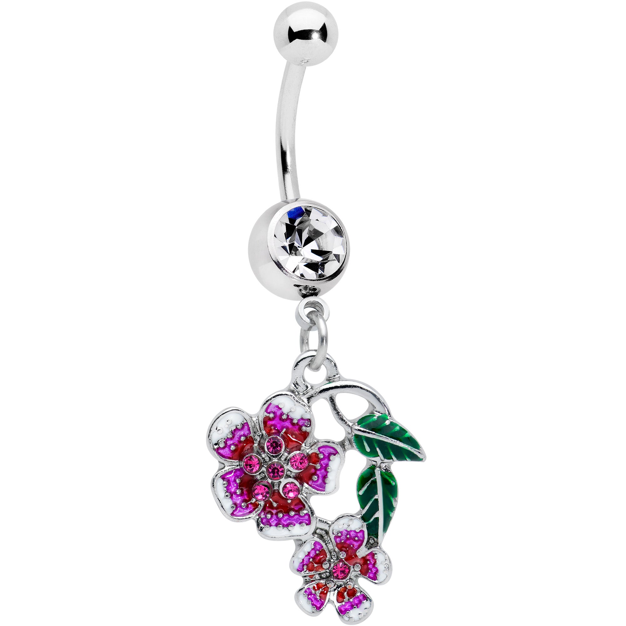 Clear Red Gem Flower in Flower Dangle Belly Ring