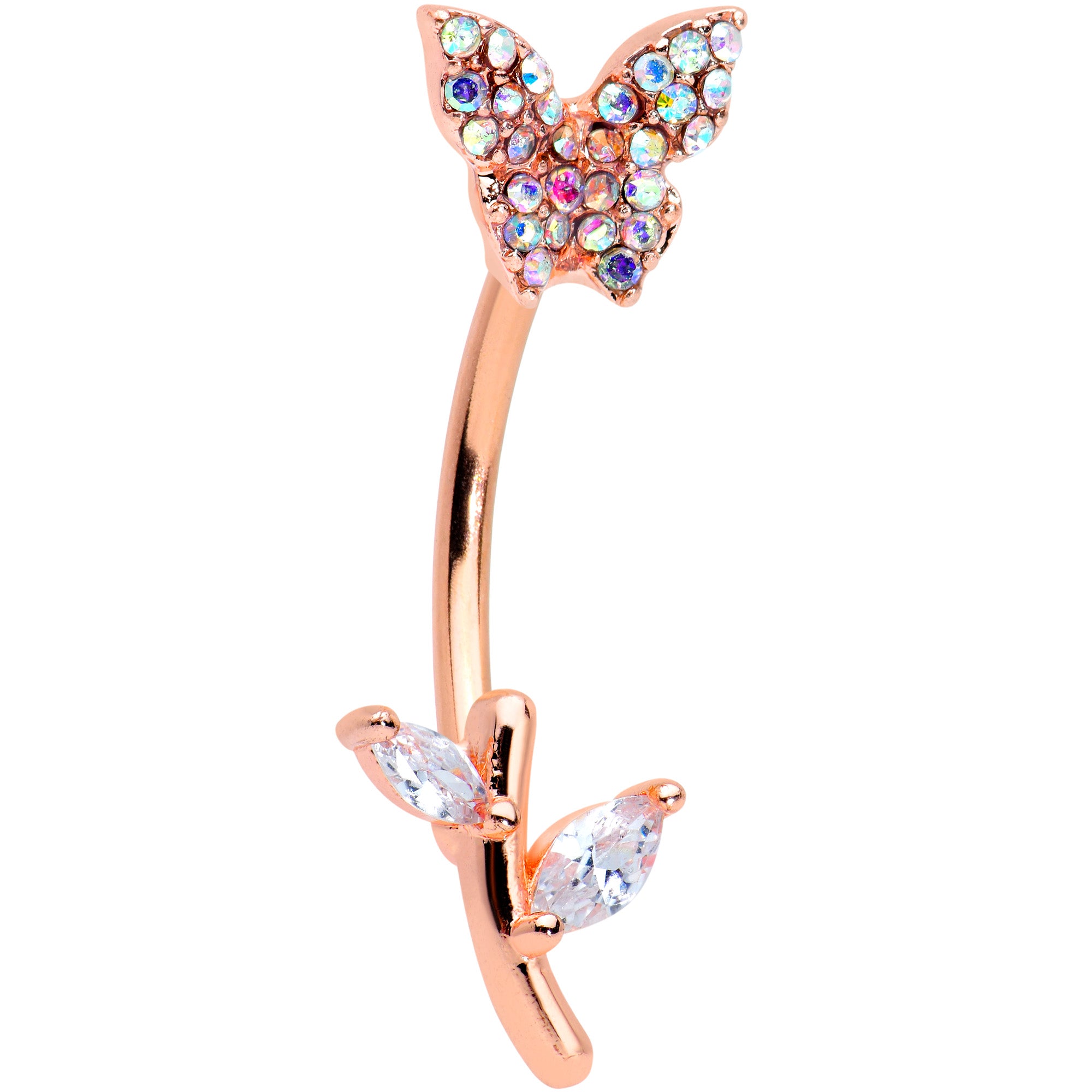 Aurora CZ Gem Rose Gold Tone Butterfly Branch Top Mount Belly Ring