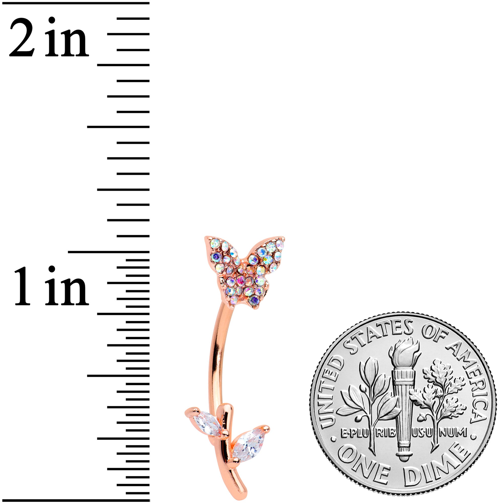 Aurora CZ Gem Rose Gold Tone Butterfly Branch Top Mount Belly Ring