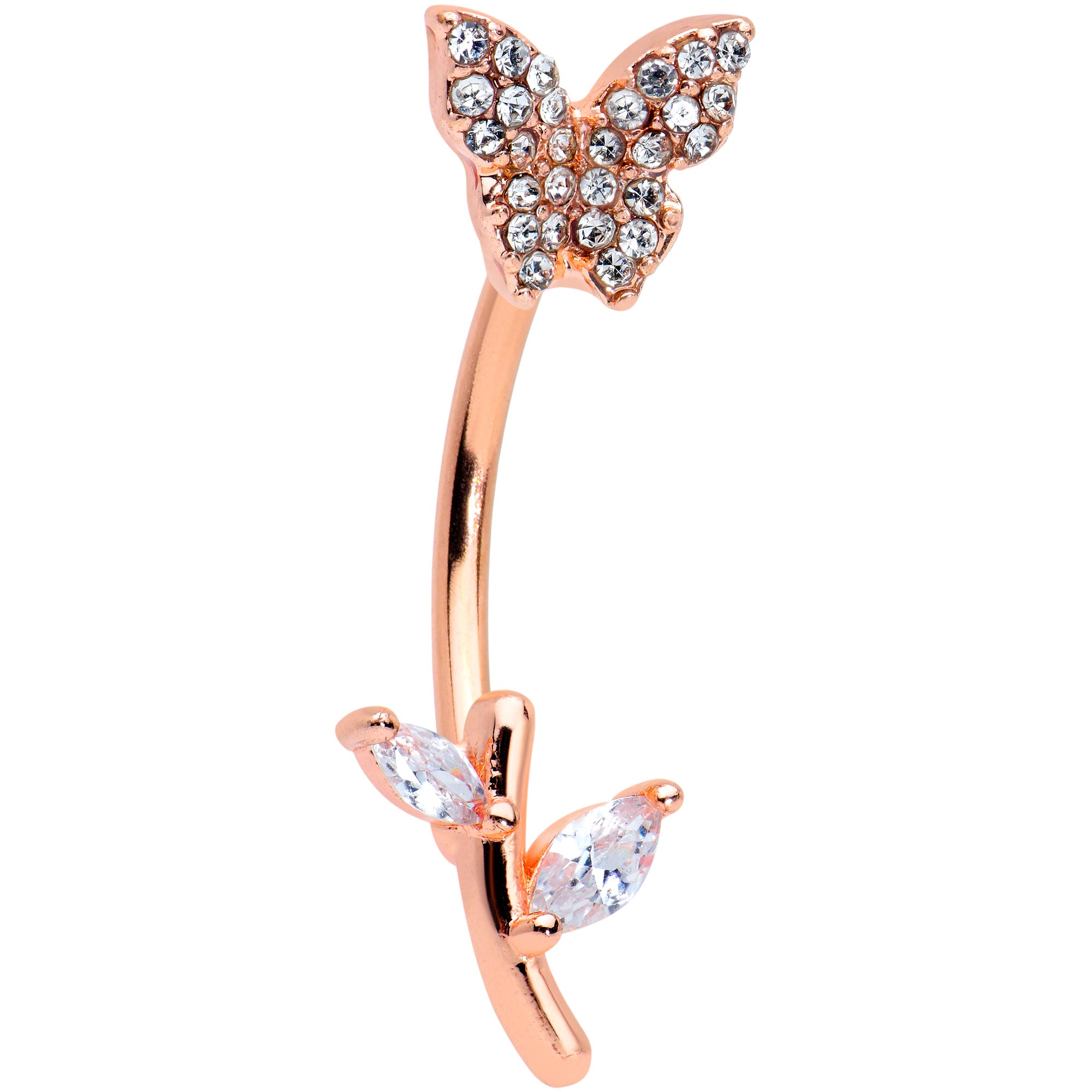 Clear CZ Gem Rose Gold Tone Butterfly Branch Top Mount Belly Ring