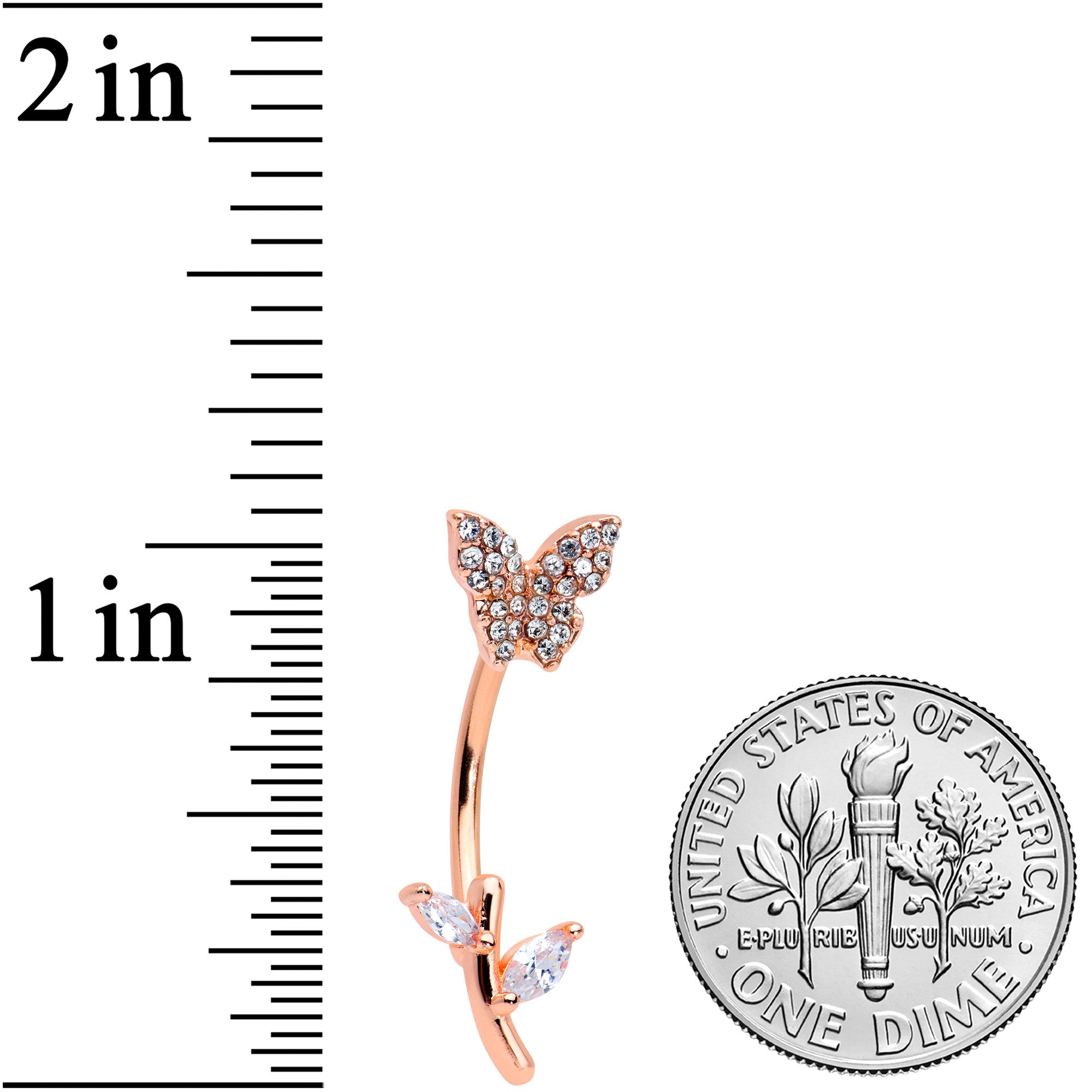 Clear CZ Gem Rose Gold Tone Butterfly Branch Top Mount Belly Ring