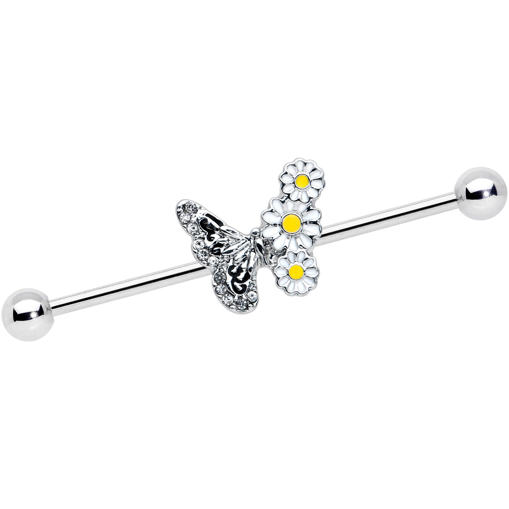 14 Gauge Clear Gem Butterfly Daisy Flowers Industrial Barbell 38mm