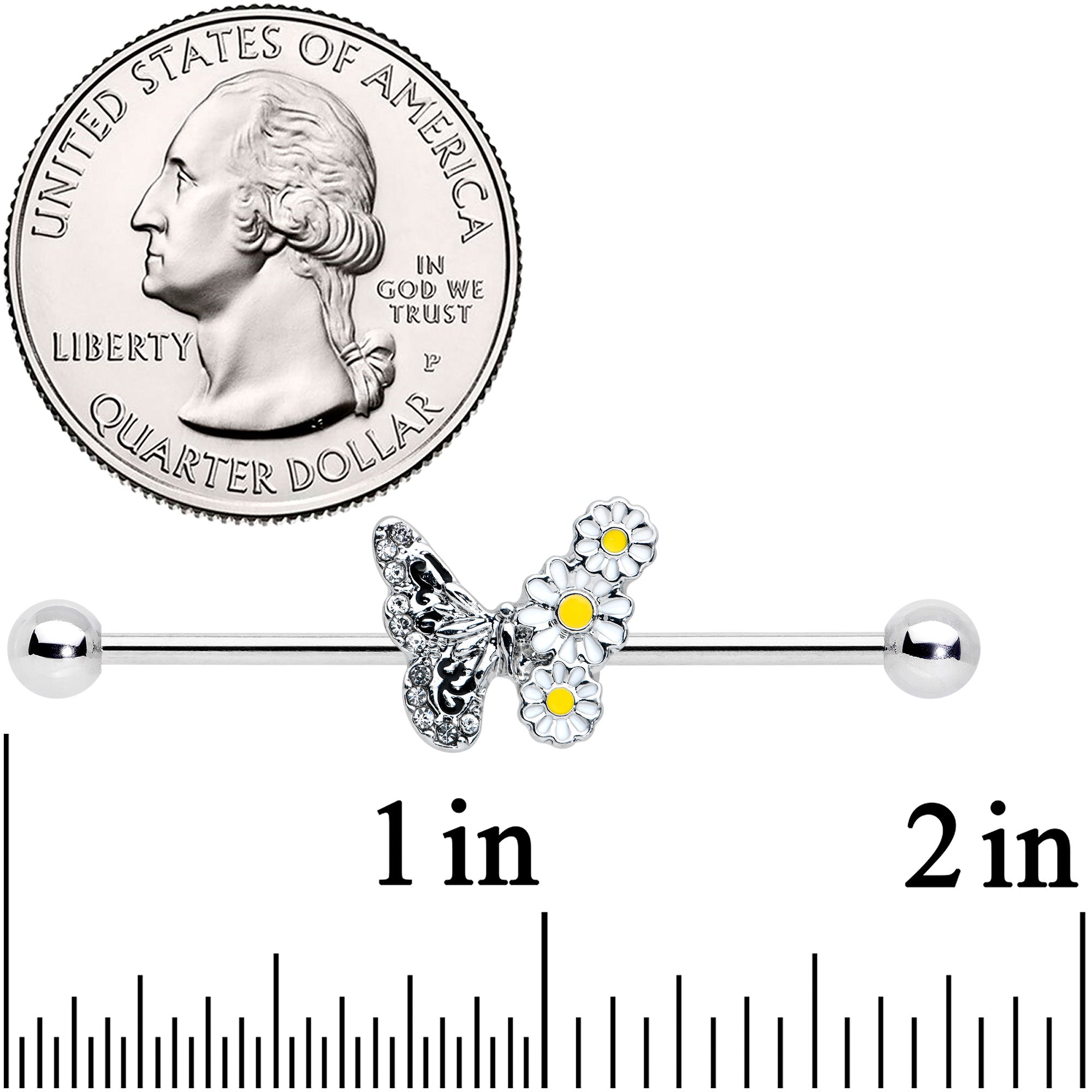 14 Gauge Clear Gem Butterfly Daisy Flowers Industrial Barbell 38mm