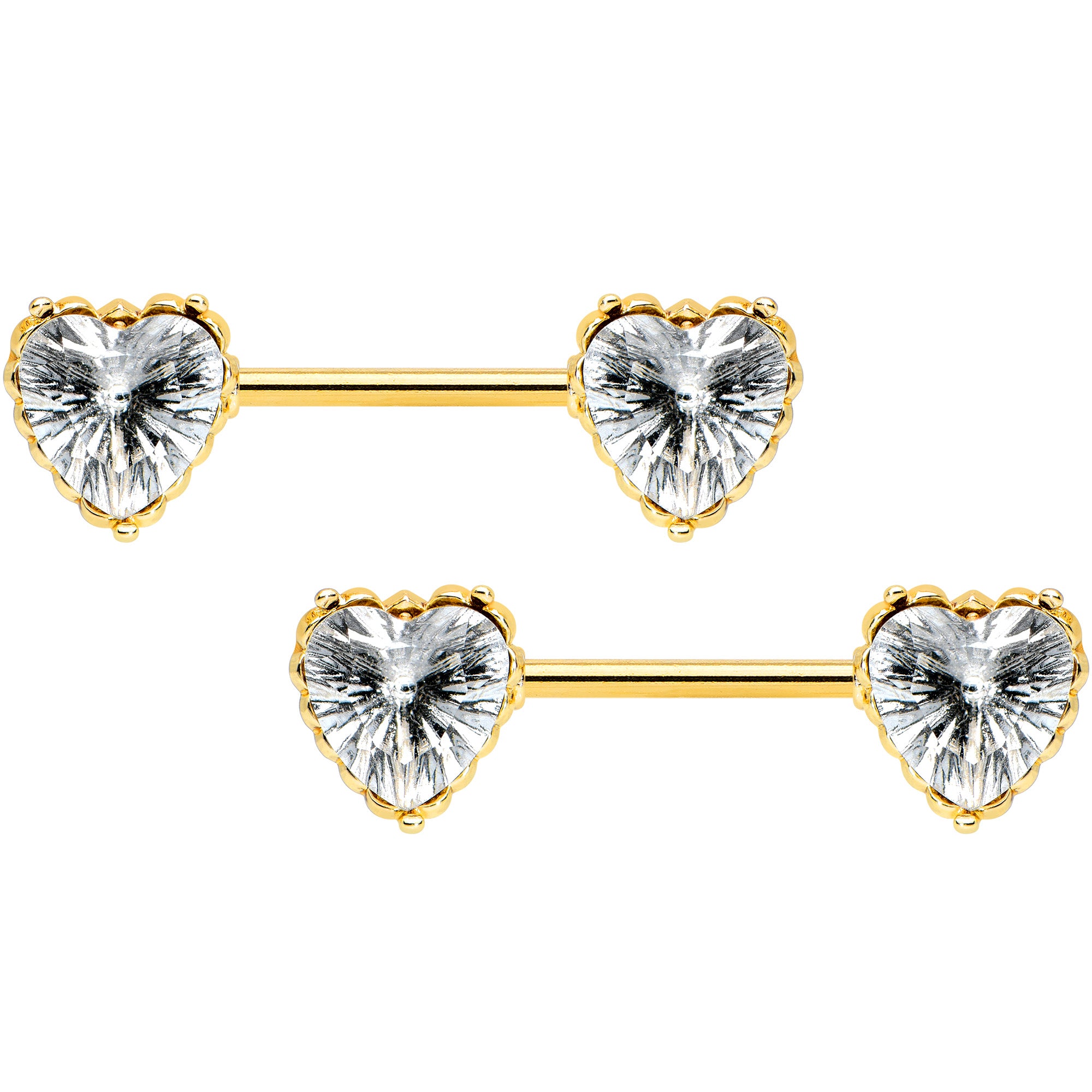 14 Gauge 9/16 Clear CZ Gold Tone Heart Love Valentine Nipple Ring Set