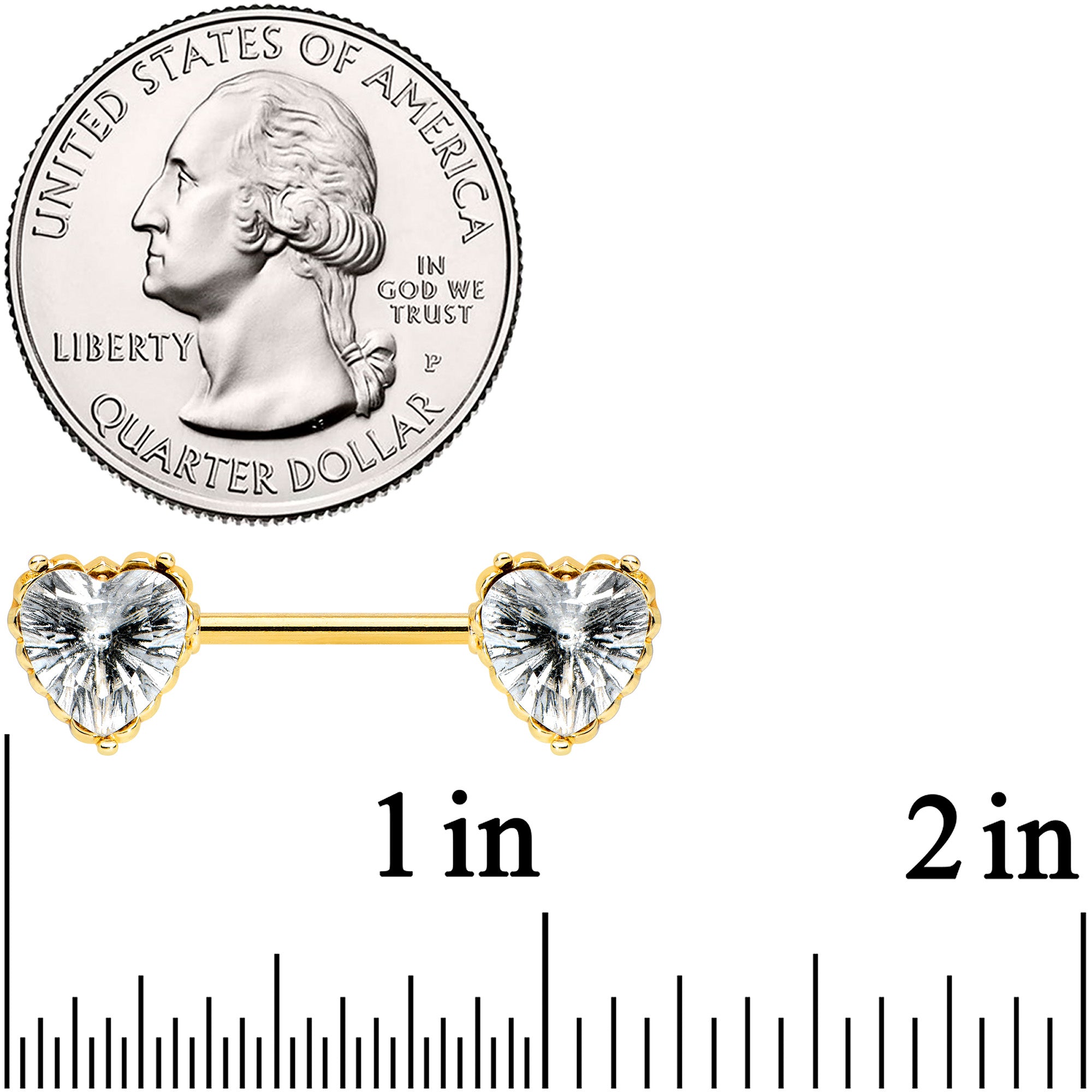 14 Gauge 9/16 Clear CZ Gold Tone Heart Love Valentine Nipple Ring Set