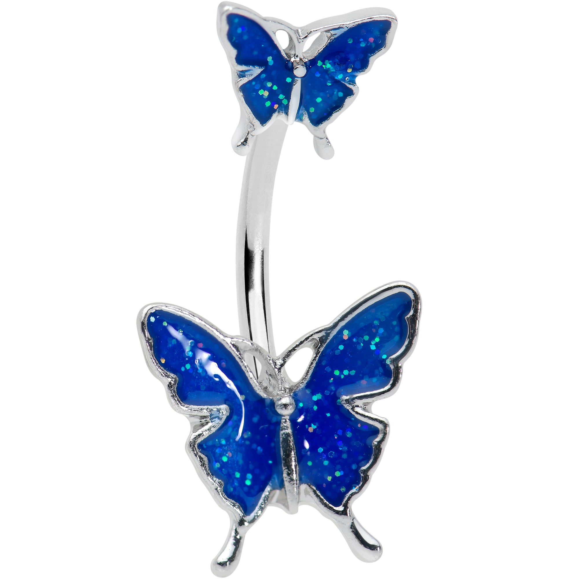 Blue Double Butterfly Glitter Wings Double Mount Belly Ring