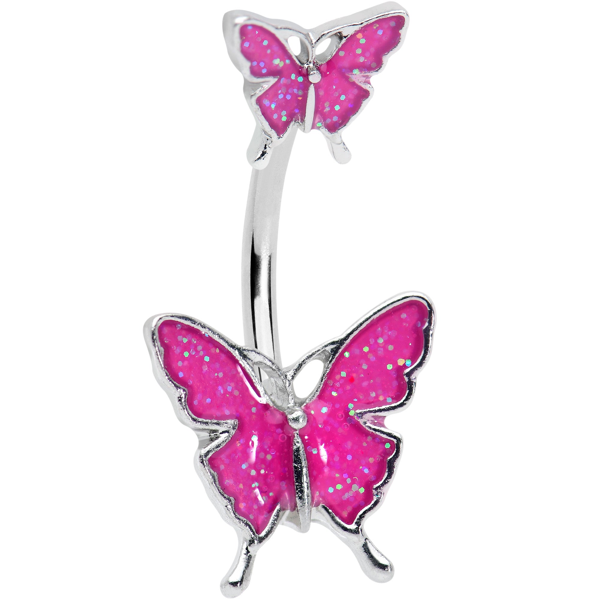 Pink Double Butterfly Glitter Wings Double Mount Belly Ring