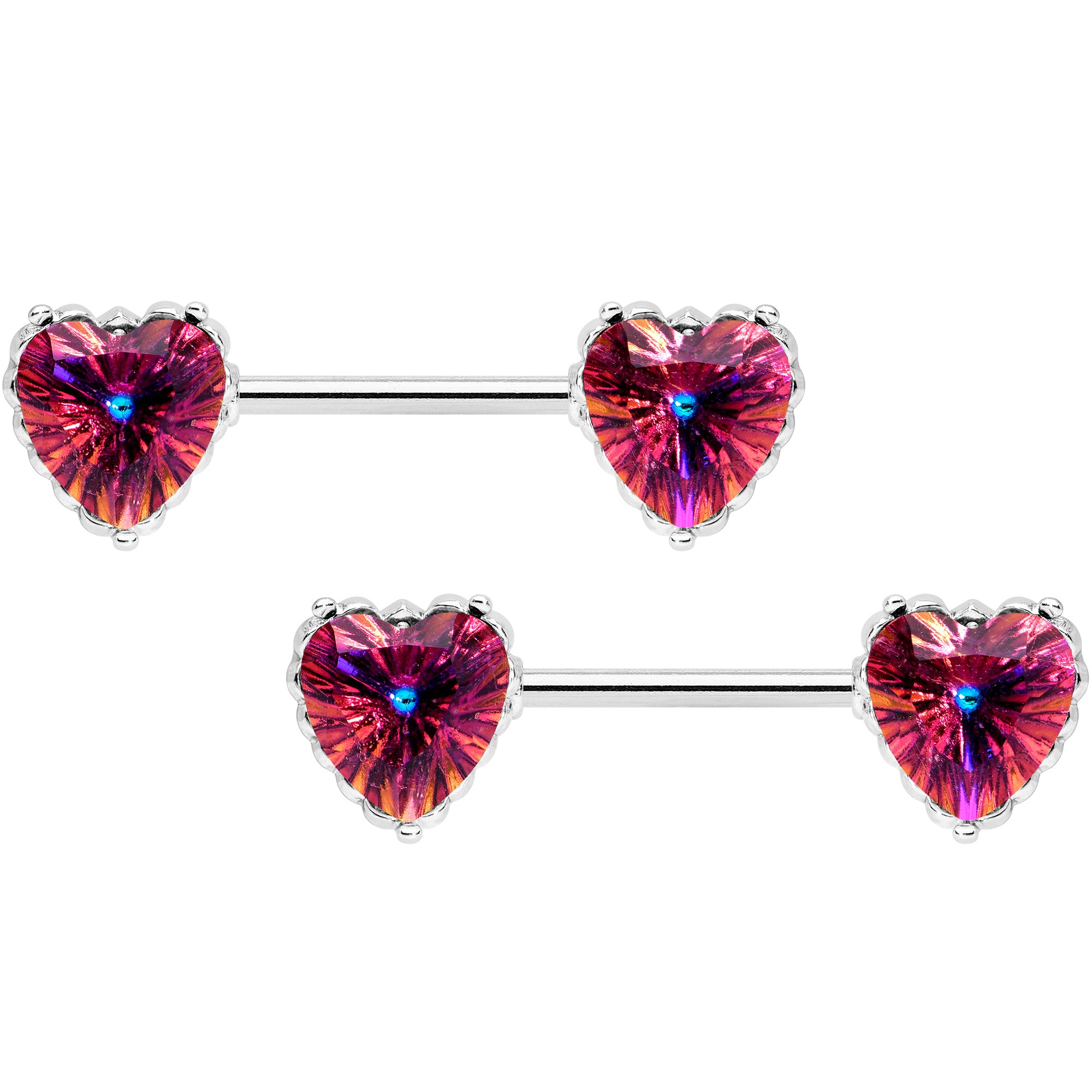 14 Gauge 9/16 Red CZ Gem Heart Love Valentine Barbell Nipple Ring Set