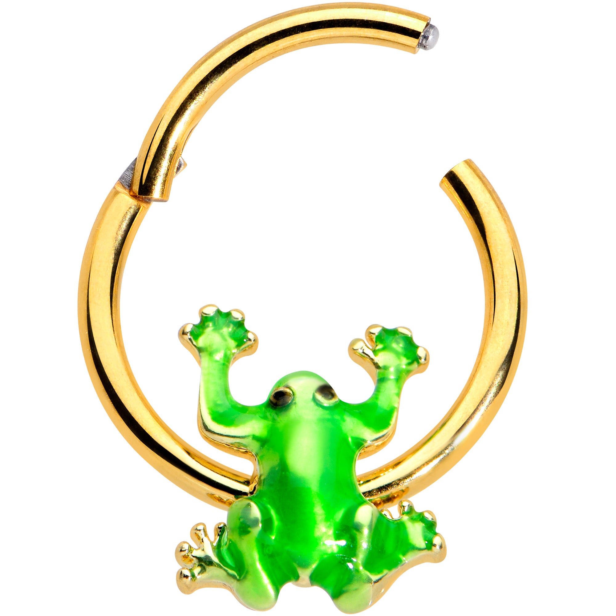 16 Gauge 3/8 Gold Tone Green Tree Frog Hinged Segment Ring