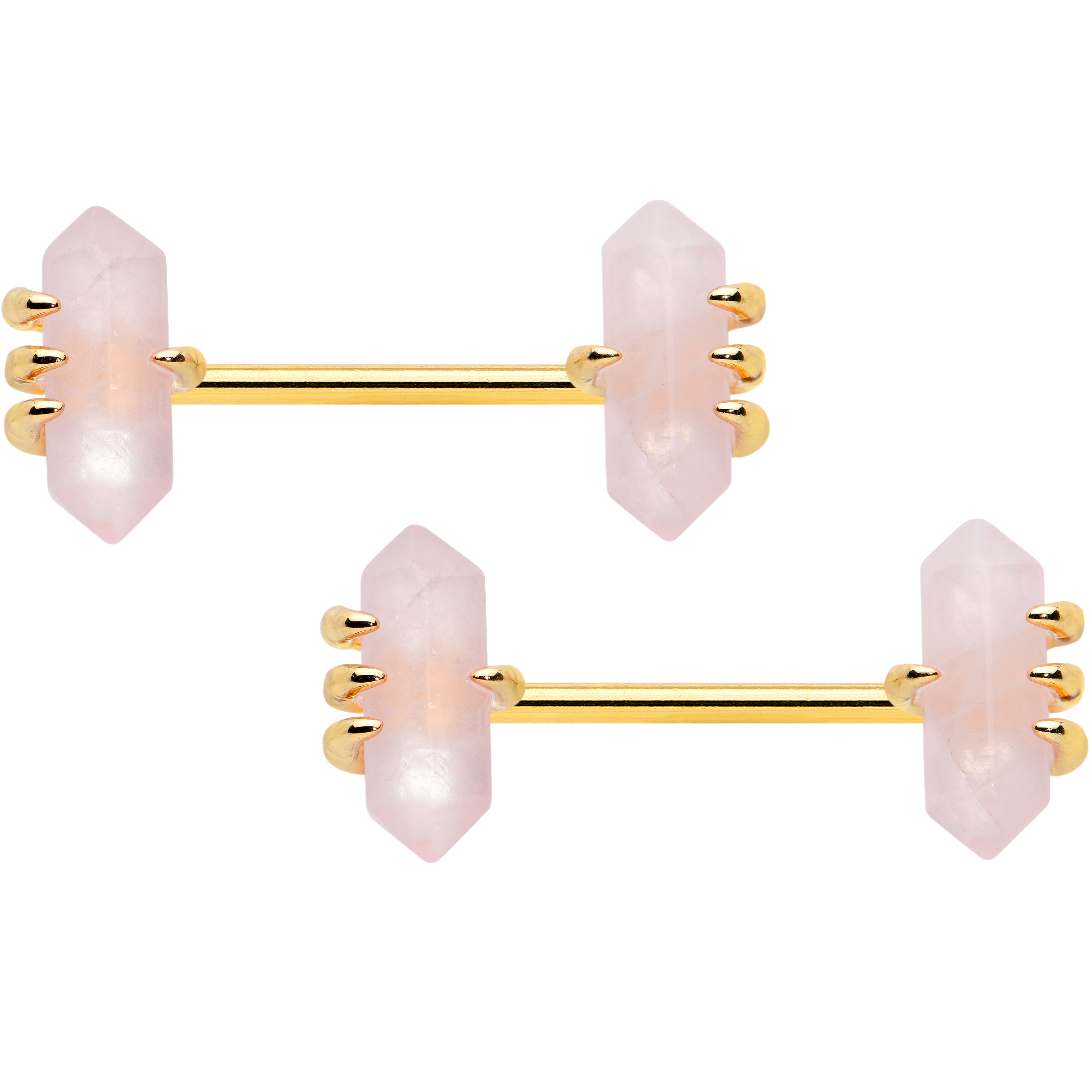 14 Gauge 9/16 Pink Rose Quartz Gold Tone Claw Barbell Nipple Ring Set