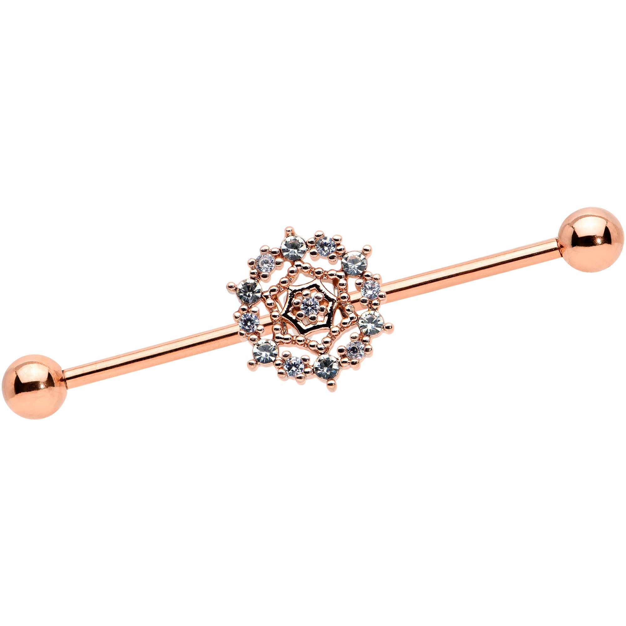 14 Gauge Clear CZ Gem Rose Gold Tone Geo Web Industrial Barbell 38mm