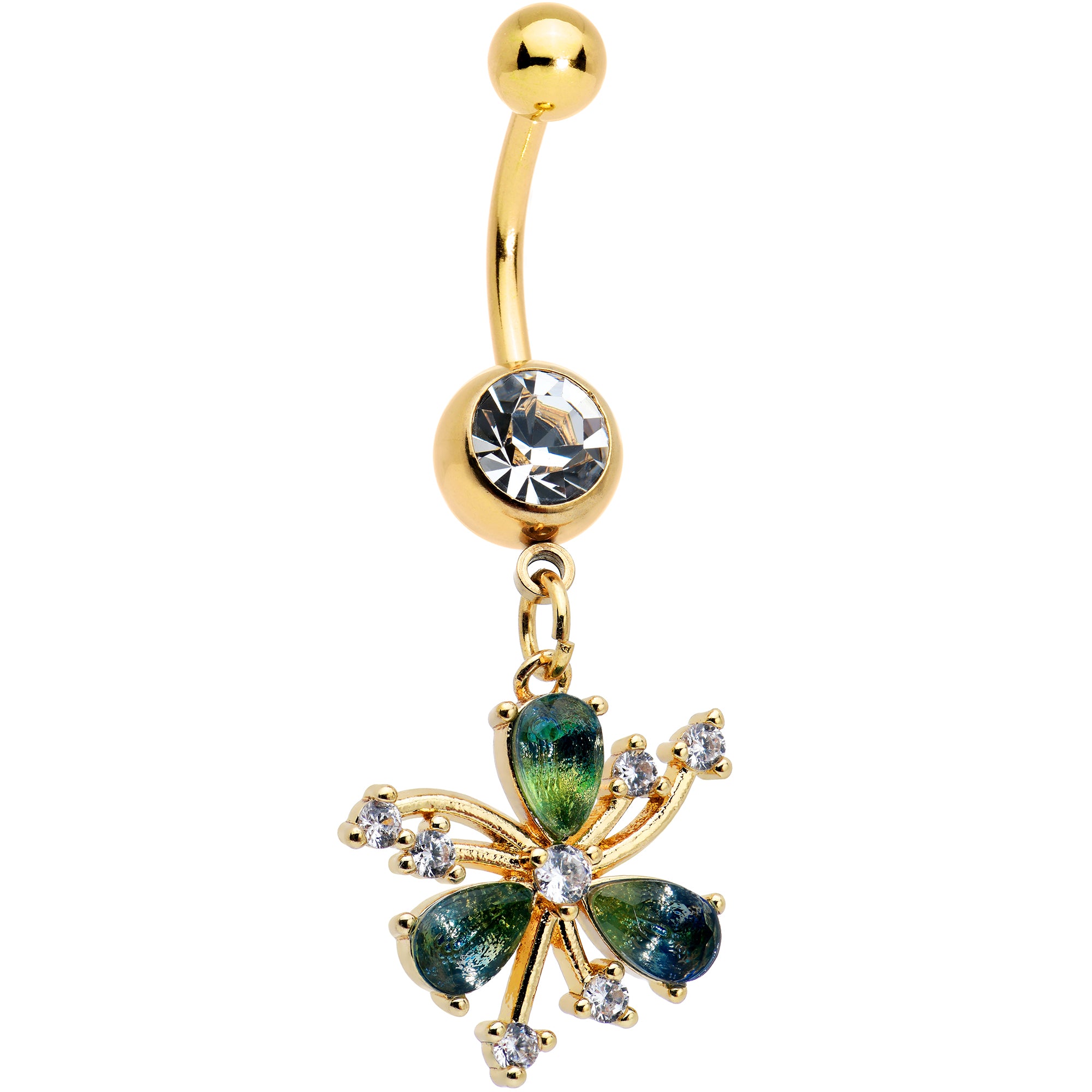 Green Tourmaline Gold Tone Spray St Patricks Day Dangle Belly Ring