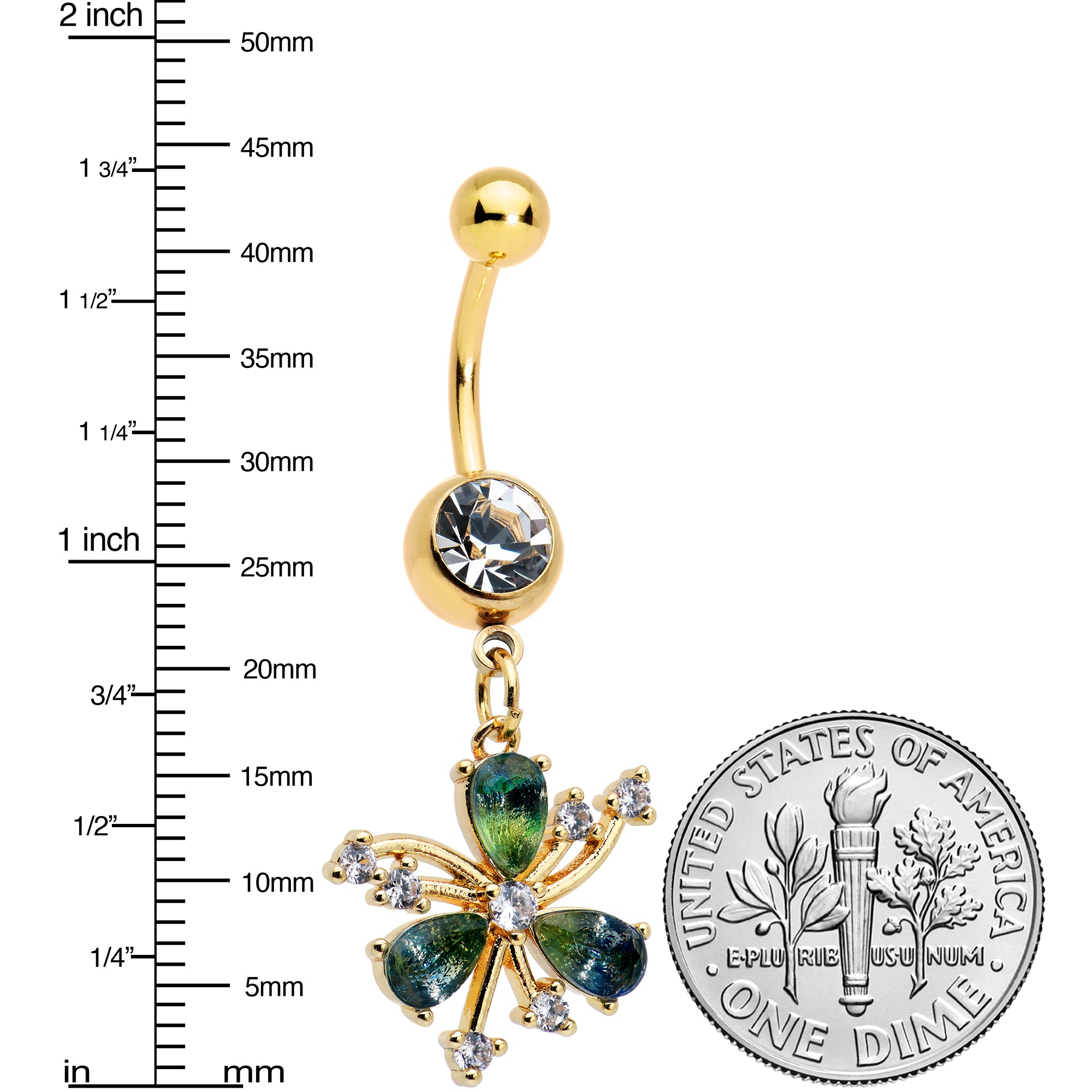 Green Tourmaline Gold Tone Spray St Patricks Day Dangle Belly Ring