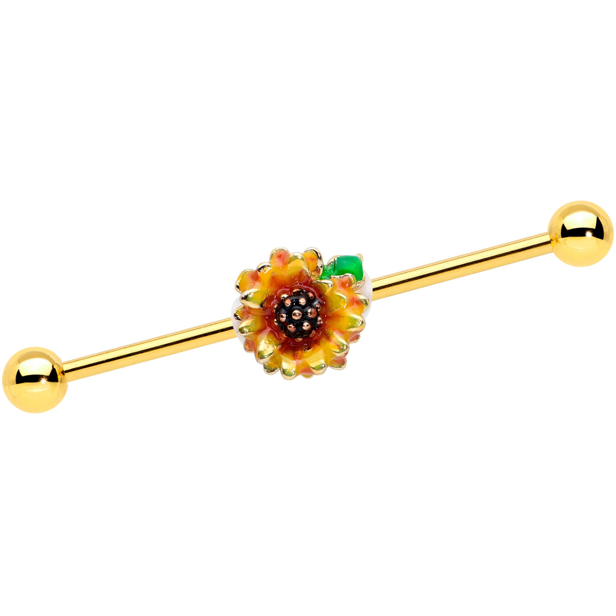 14 Gauge Gold Tone Summer Sunflower Industrial Barbell 38mm