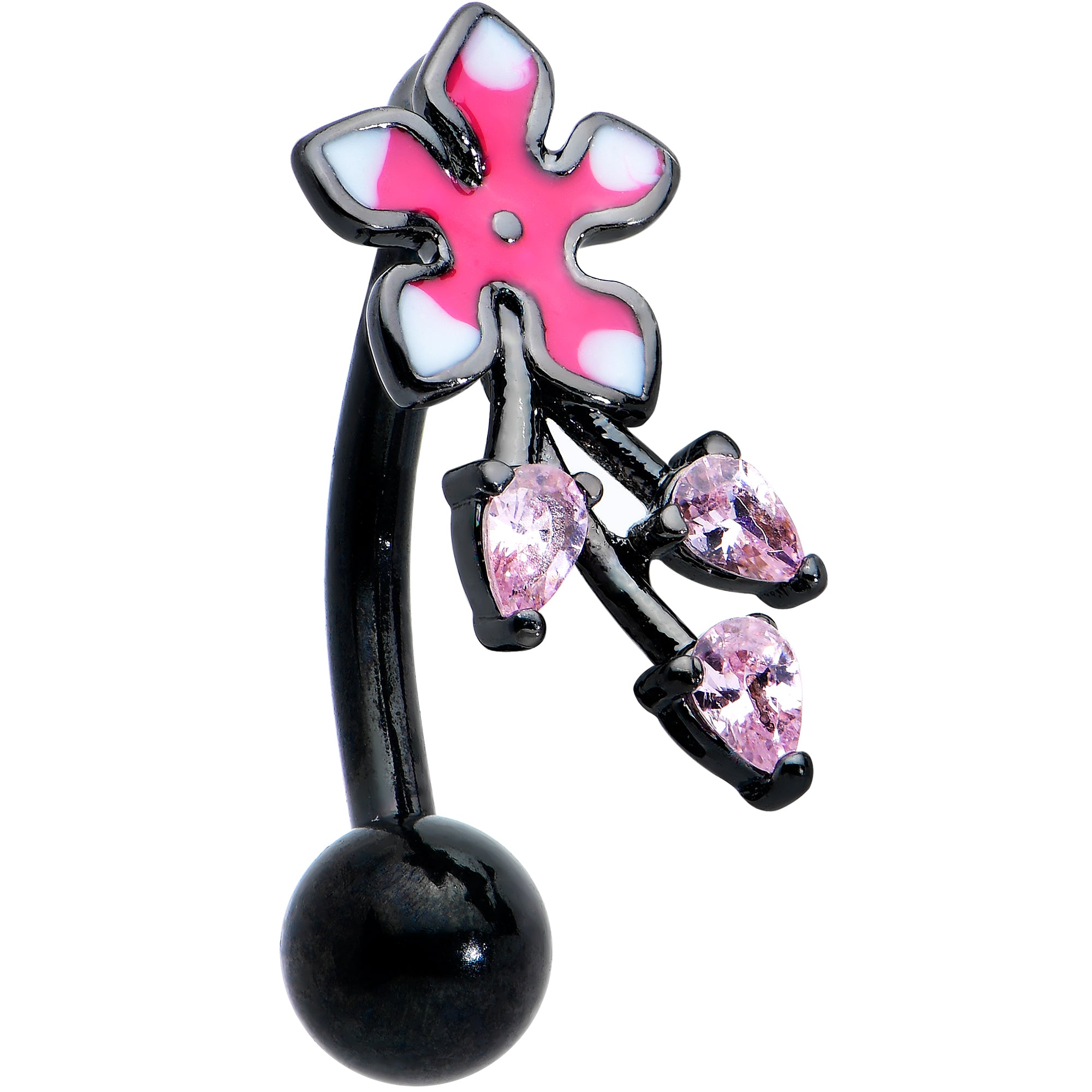 Pink Gem Black Fanciful Flower Top Mount Belly Ring