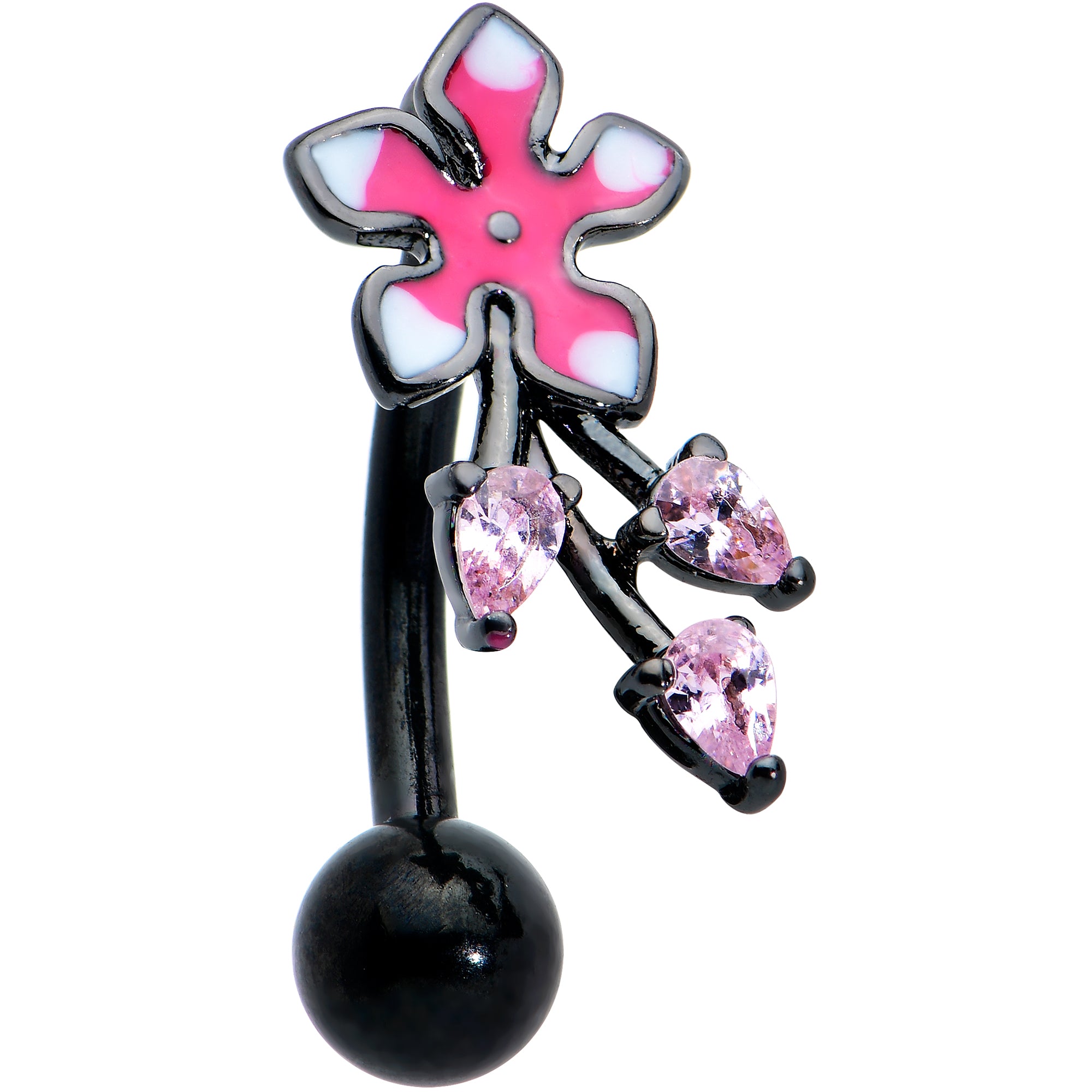 Pink Gem Black Fanciful Flower Top Mount Belly Ring