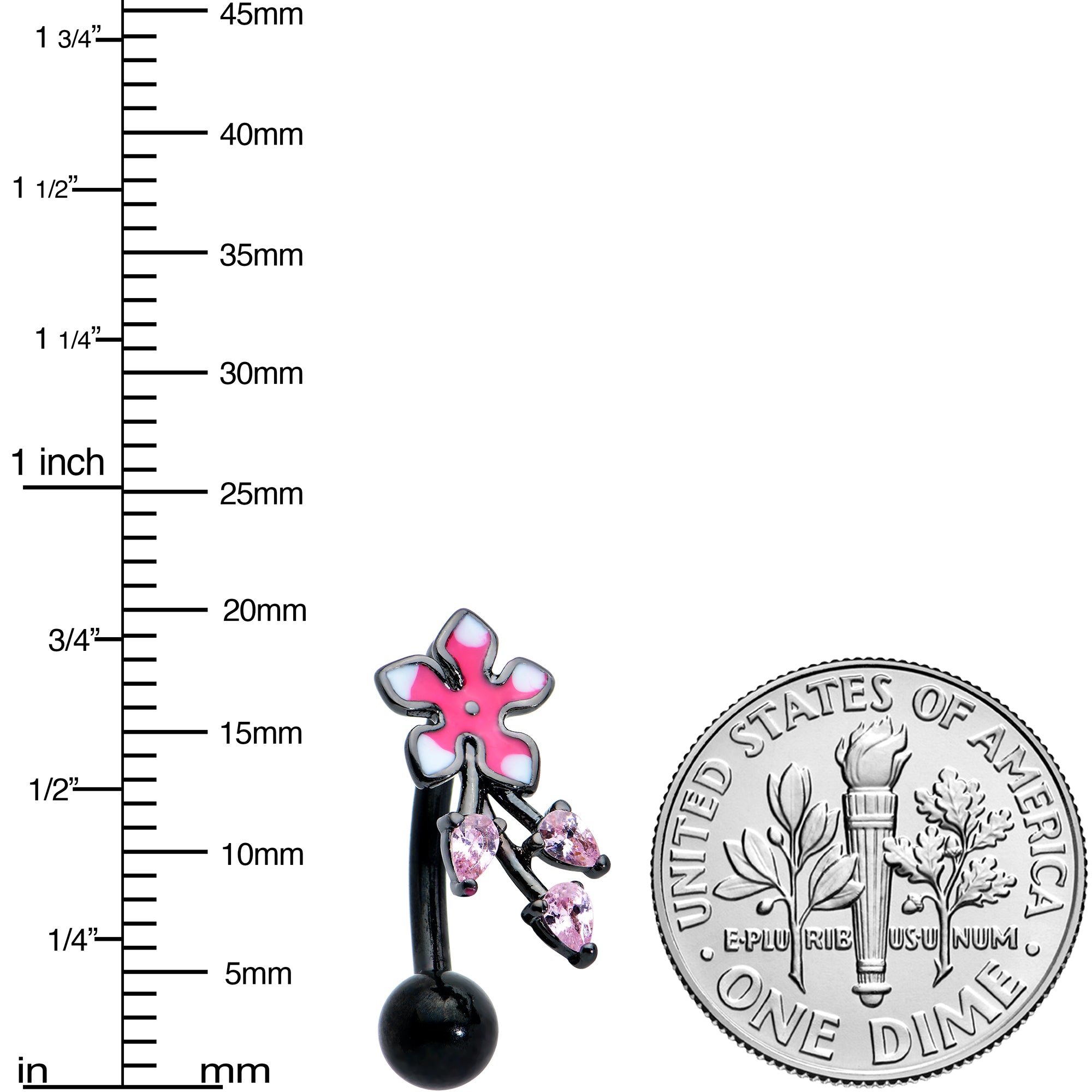 Pink Gem Black Fanciful Flower Top Mount Belly Ring