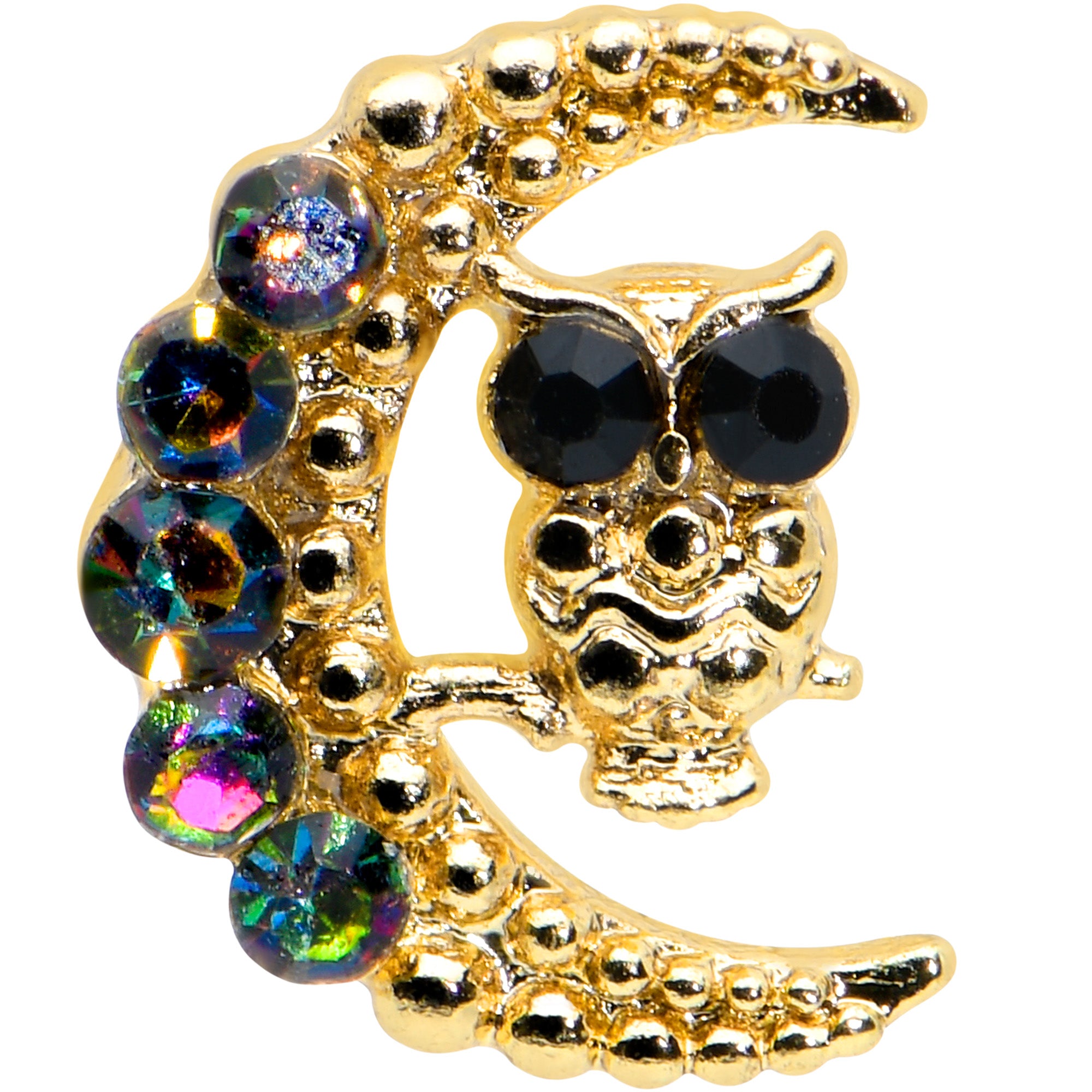 16 Gauge 1/4 Aurora Black Gem Gold Tone Owl Moon Labret Monroe Tragus