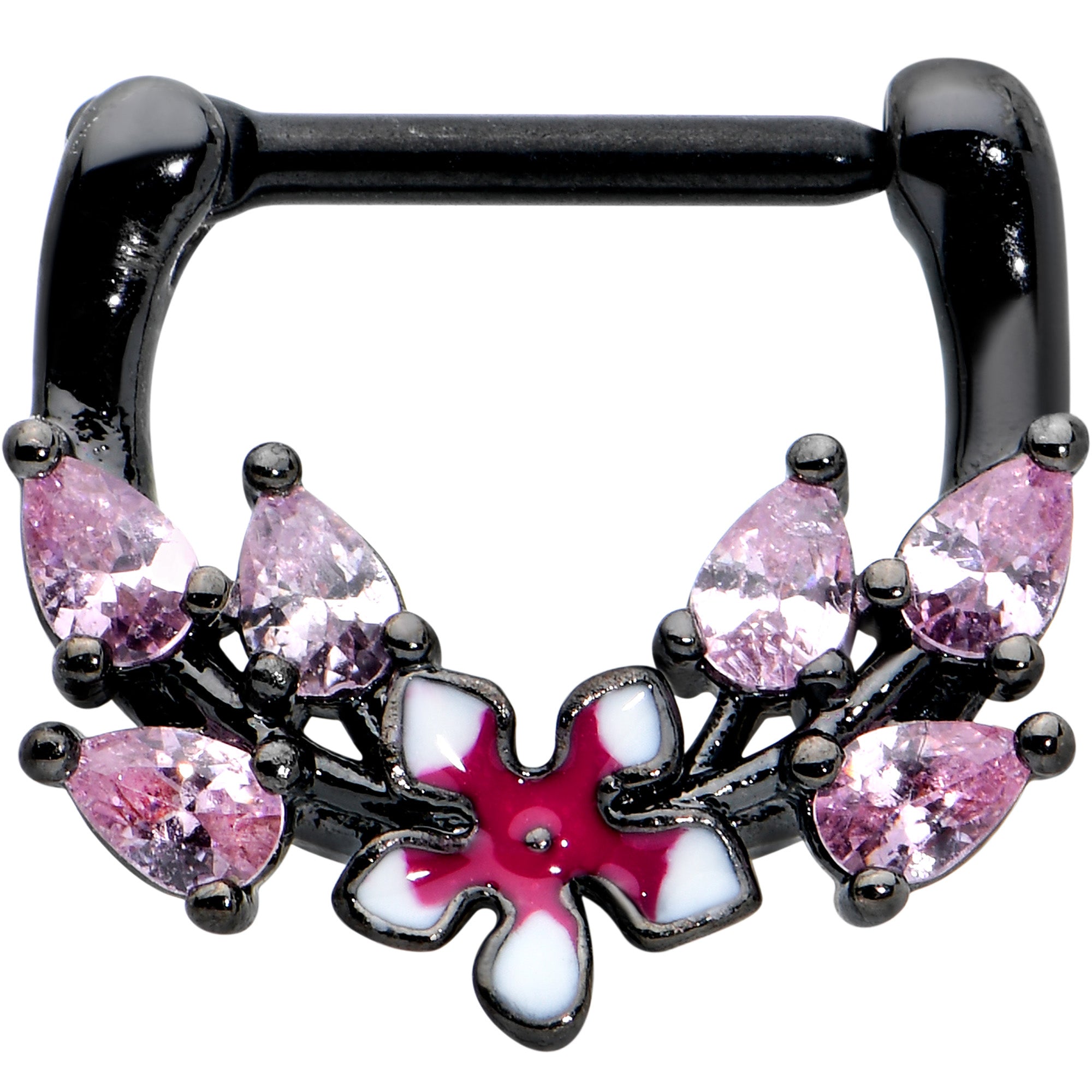 16 Gauge 5/16 Pink Gem Black Fanciful Flower Cartilage Clicker