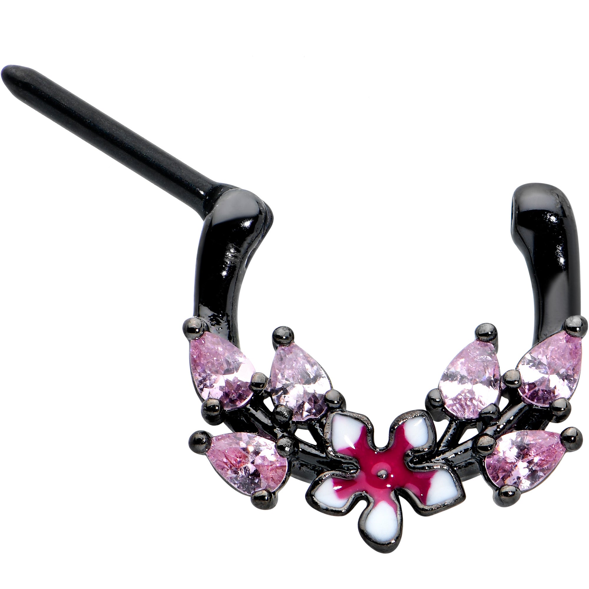 16 Gauge 5/16 Pink Gem Black Fanciful Flower Cartilage Clicker