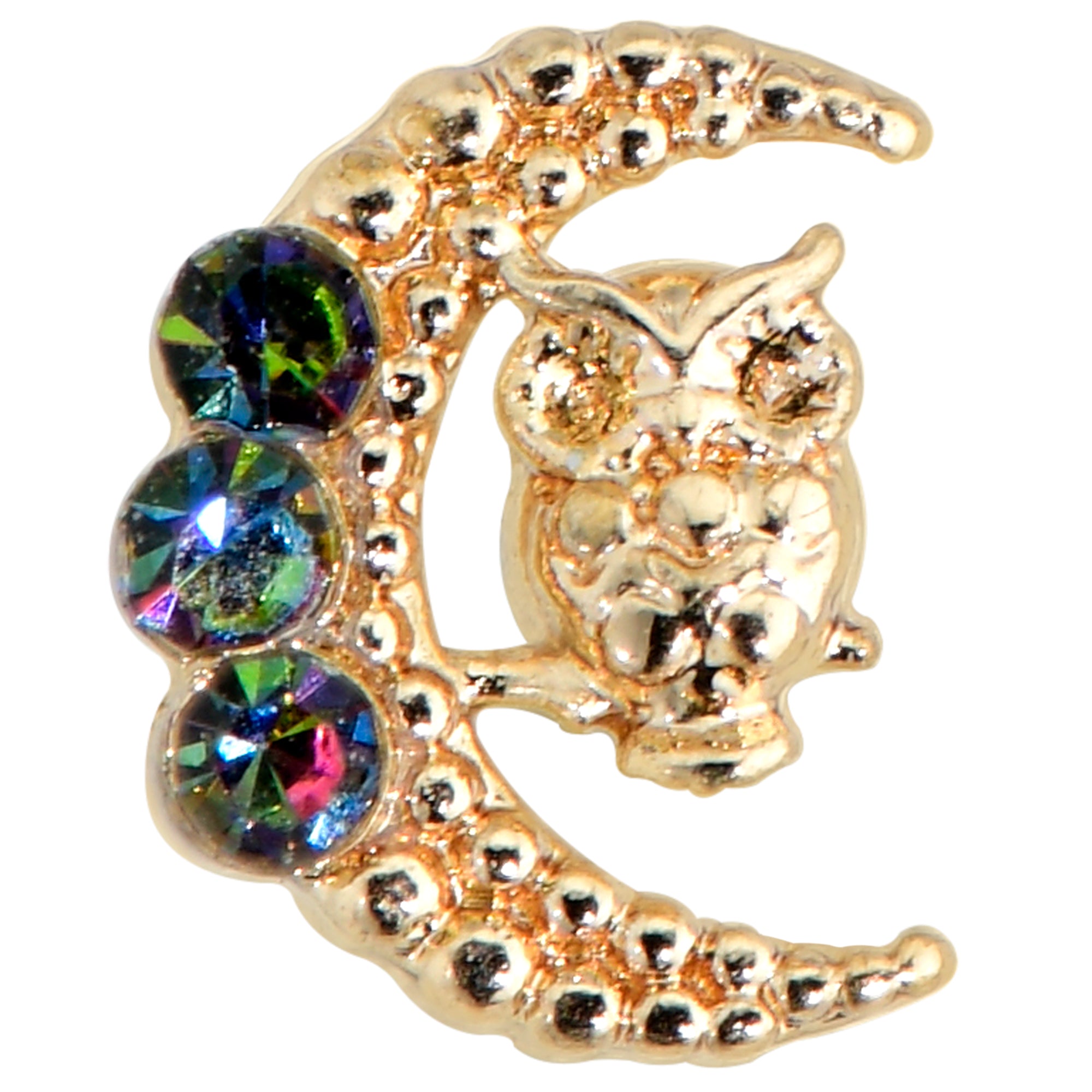 20 Gauge 1/4 Aurora Gem Gold Tone Owl In Moon Nose Bone