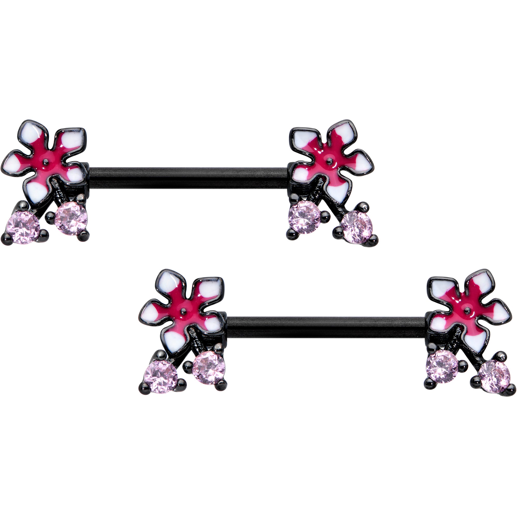 14 Gauge 9/16 Pink Gem Black Fanciful Flower Barbell Nipple Ring Set