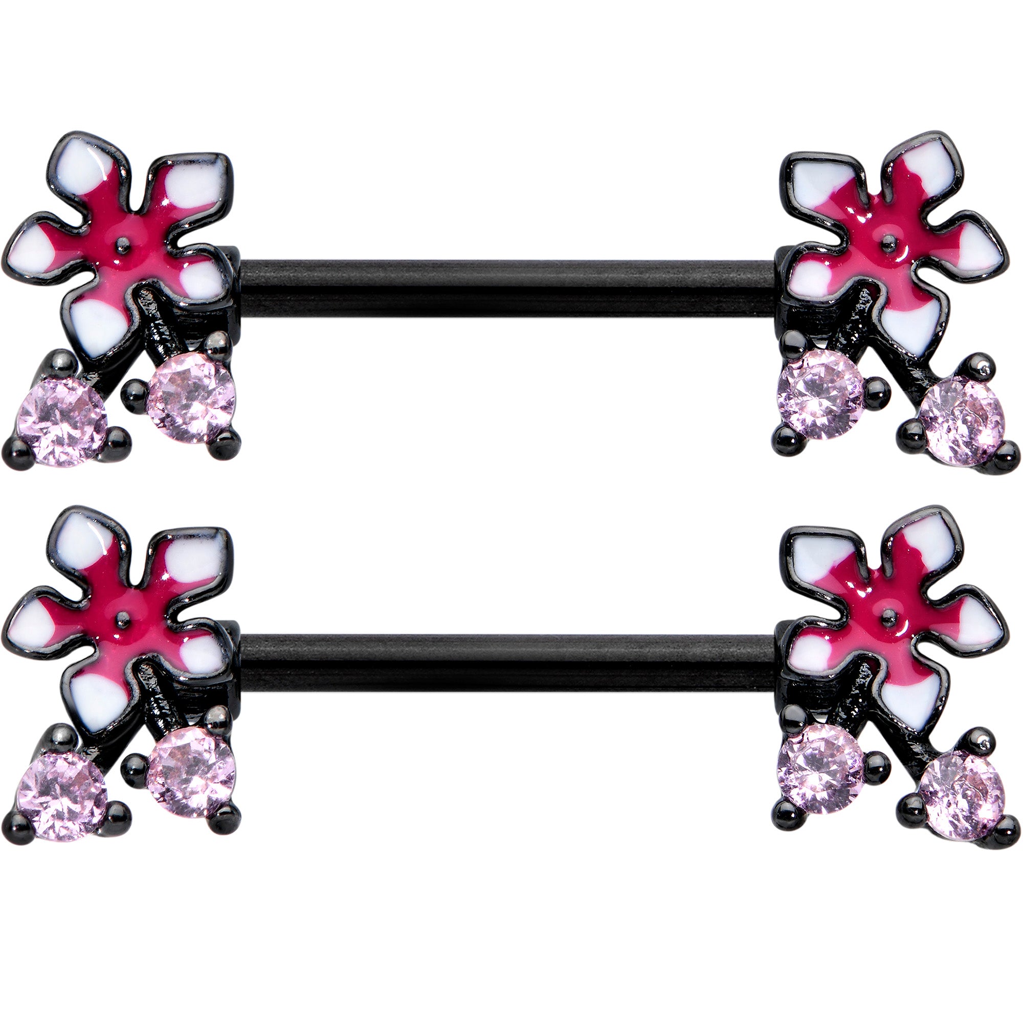 14 Gauge 9/16 Pink Gem Black Fanciful Flower Barbell Nipple Ring Set