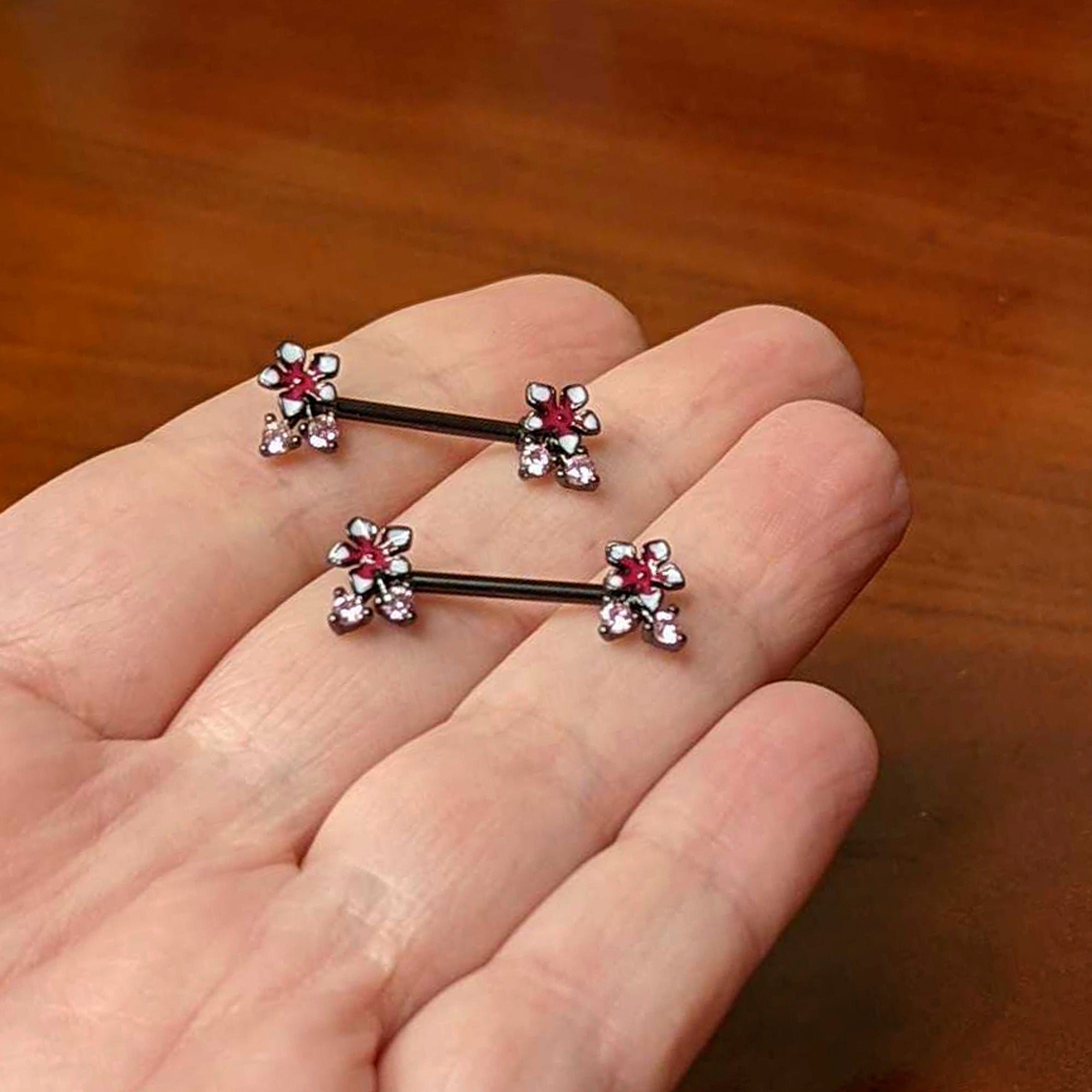 14 Gauge 9/16 Pink Gem Black Fanciful Flower Barbell Nipple Ring Set