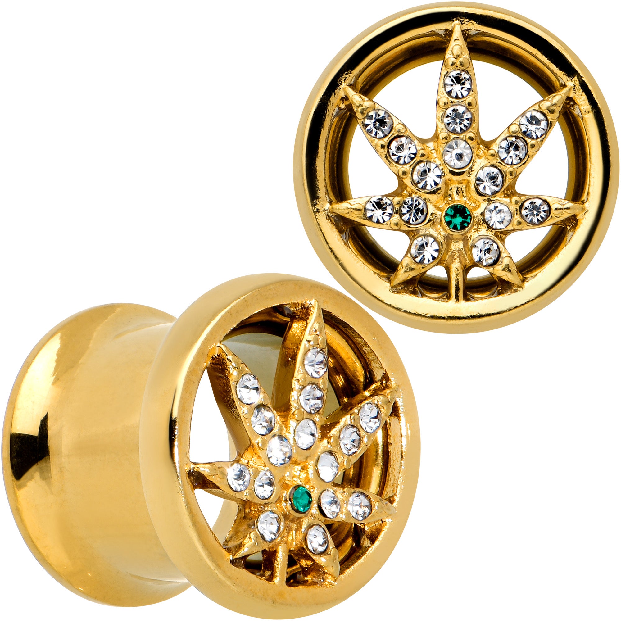 Green Gem Gold Tone Pot Leaf Double Flare Tunnel Plug Set