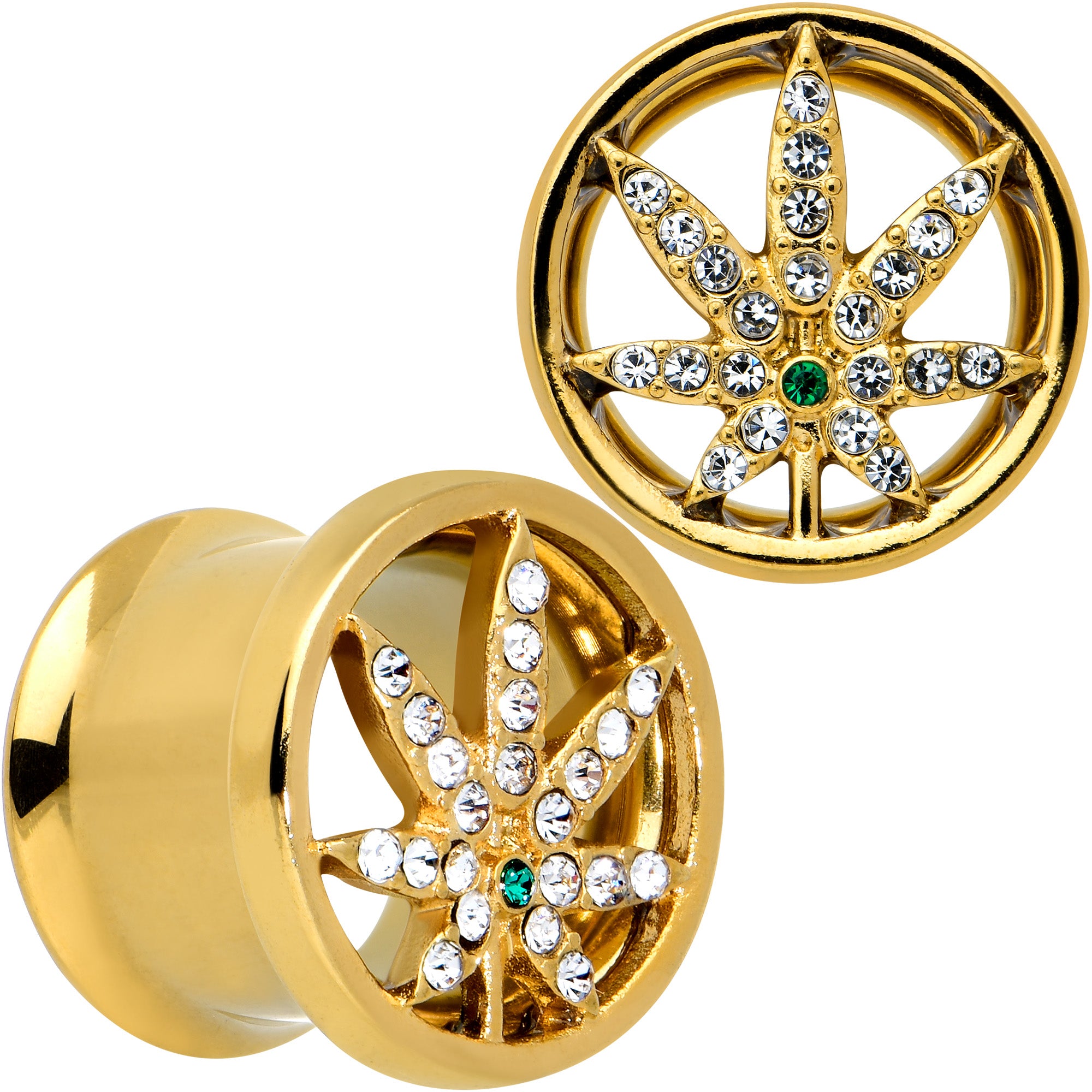 Green Gem Gold Tone Pot Leaf Double Flare Tunnel Plug Set