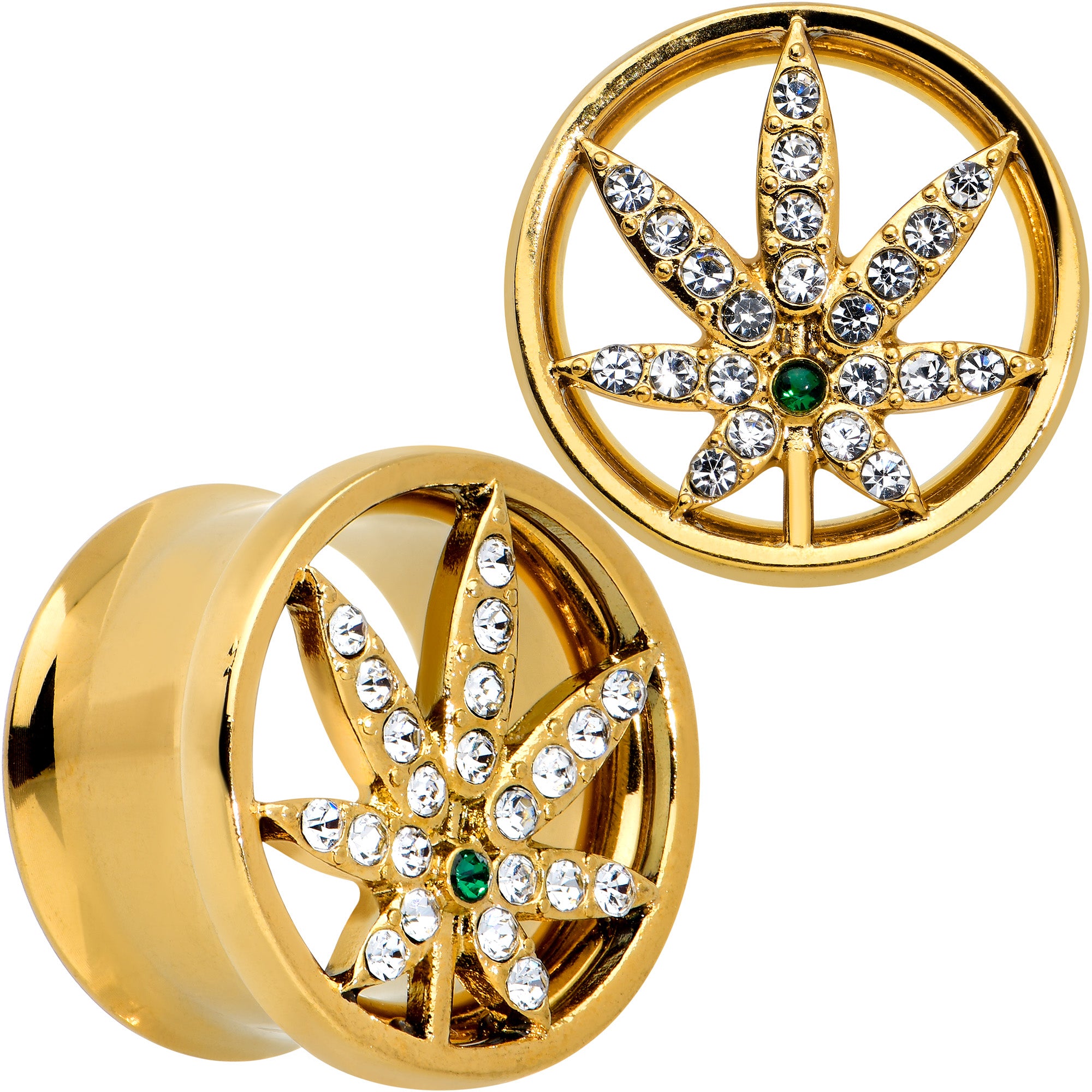 Green Gem Gold Tone Pot Leaf Double Flare Tunnel Plug Set