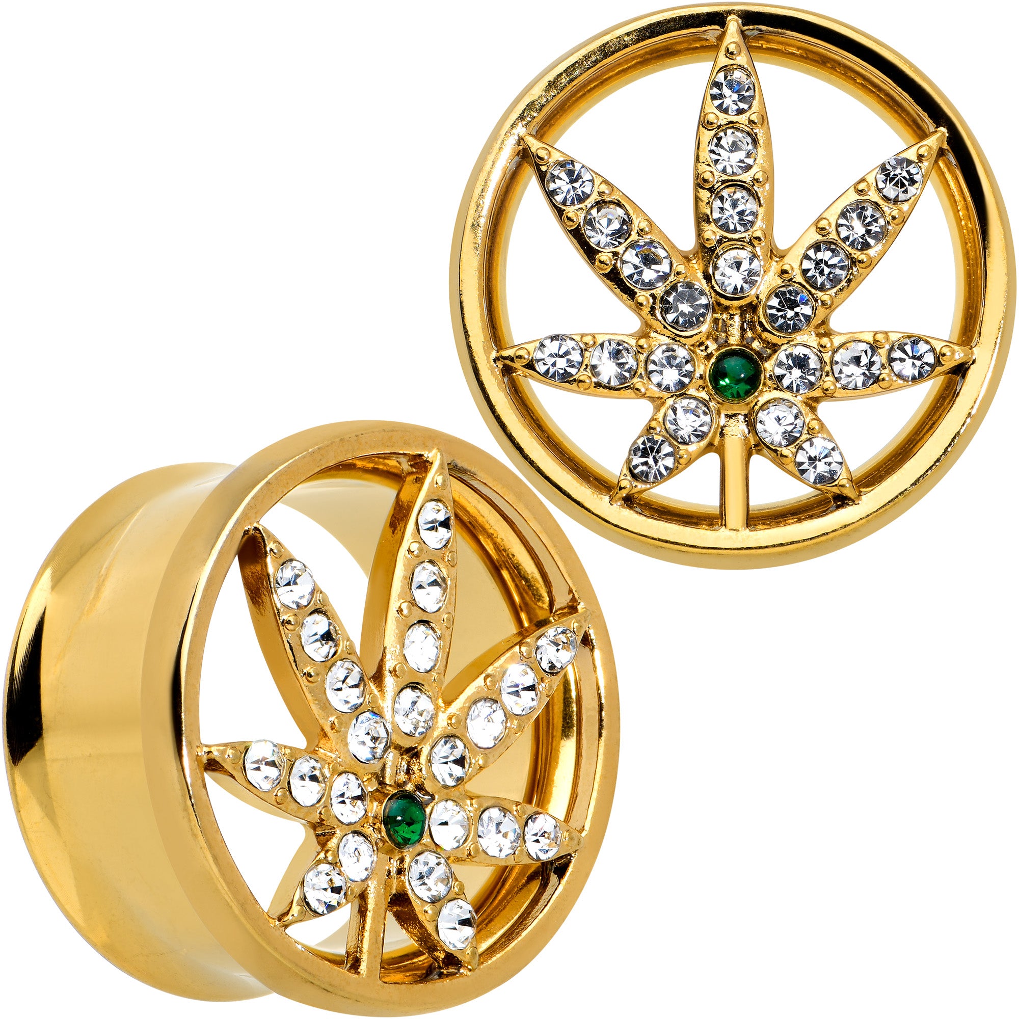 Green Gem Gold Tone Pot Leaf Double Flare Tunnel Plug Set