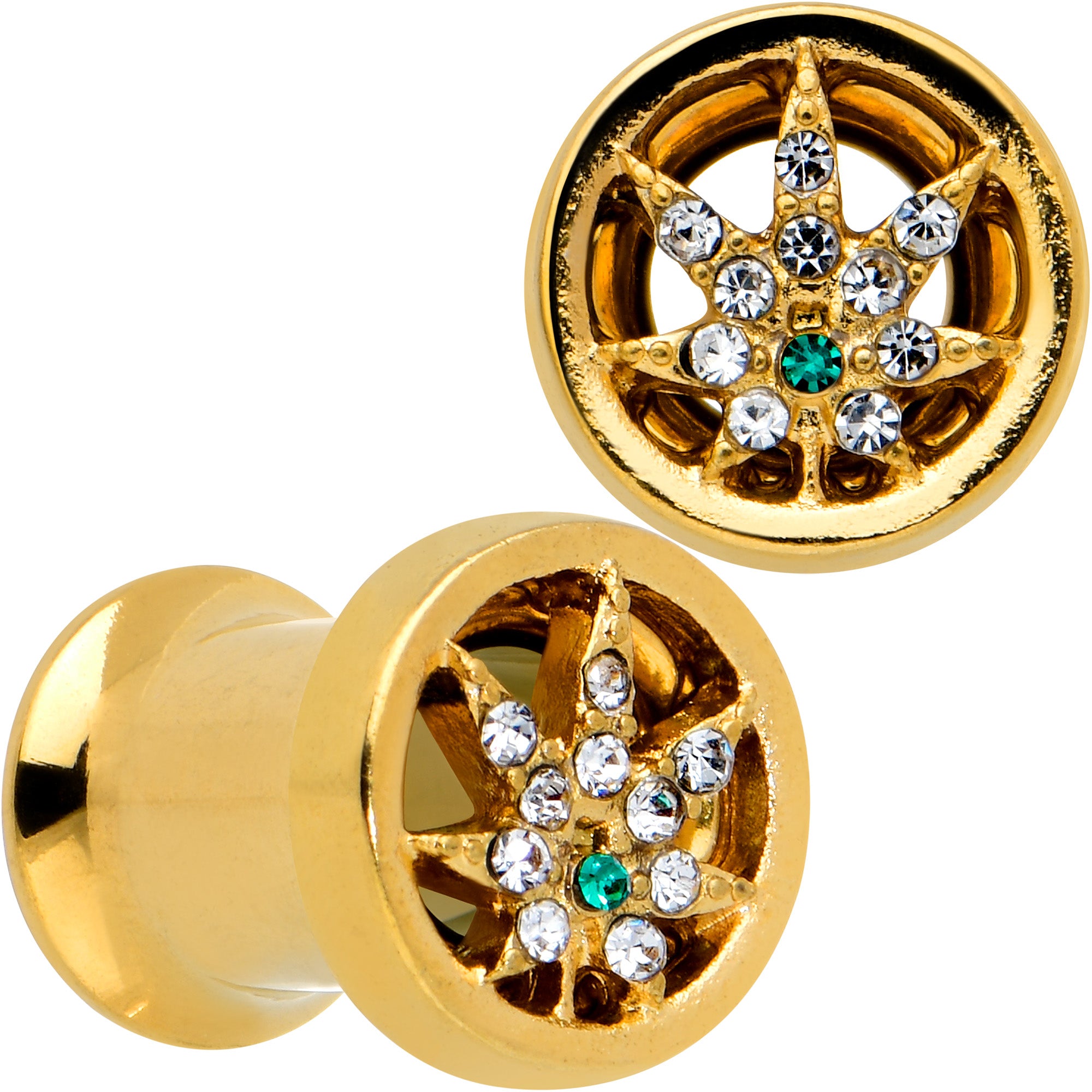 Green Gem Gold Tone Pot Leaf Double Flare Tunnel Plug Set