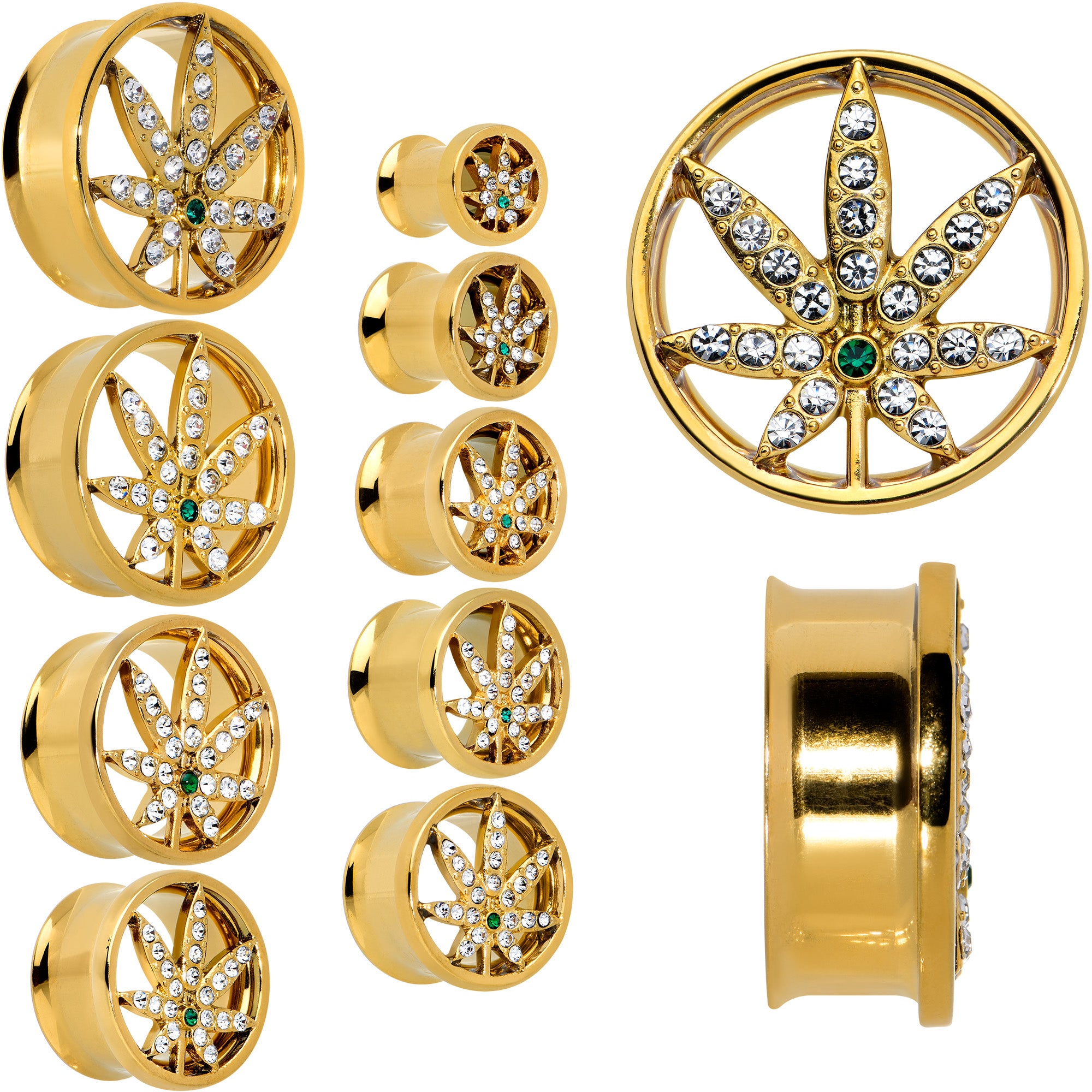 Green Gem Gold Tone Pot Leaf Double Flare Tunnel Plug Set