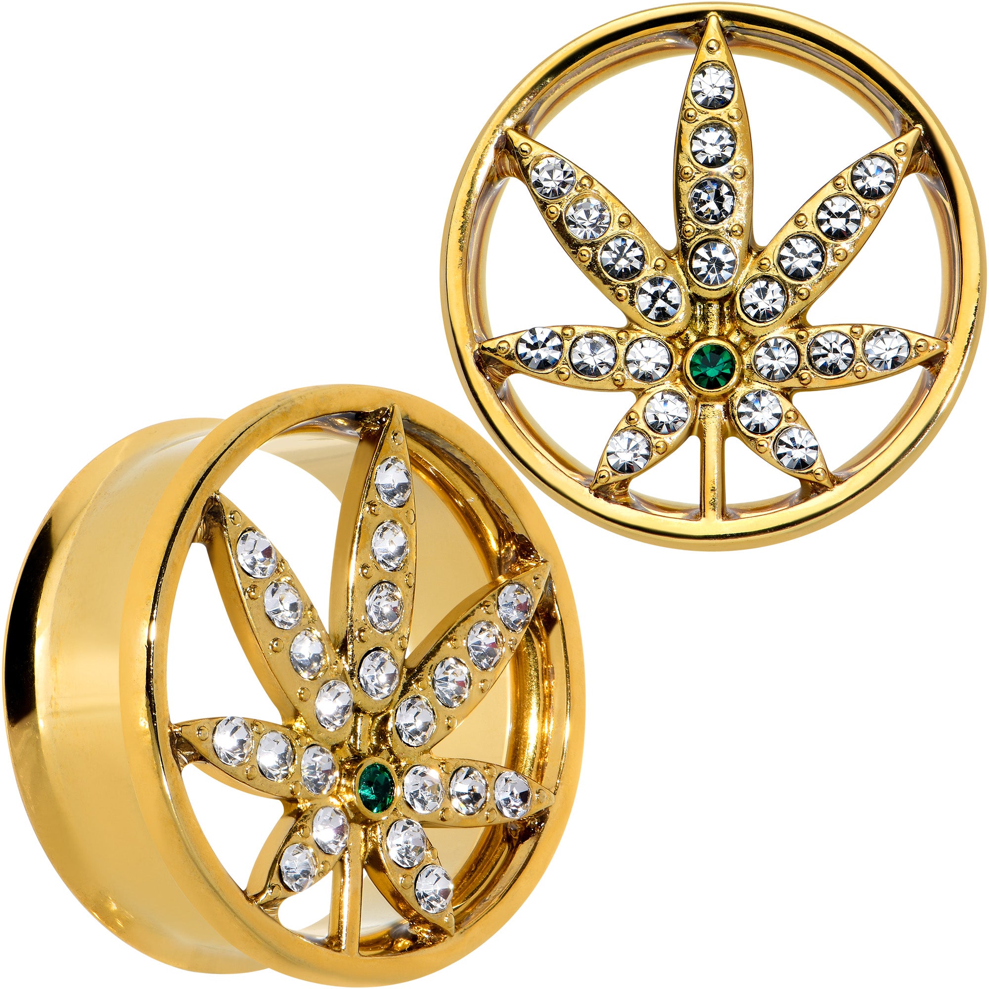 Green Gem Gold Tone Pot Leaf Double Flare Tunnel Plug Set