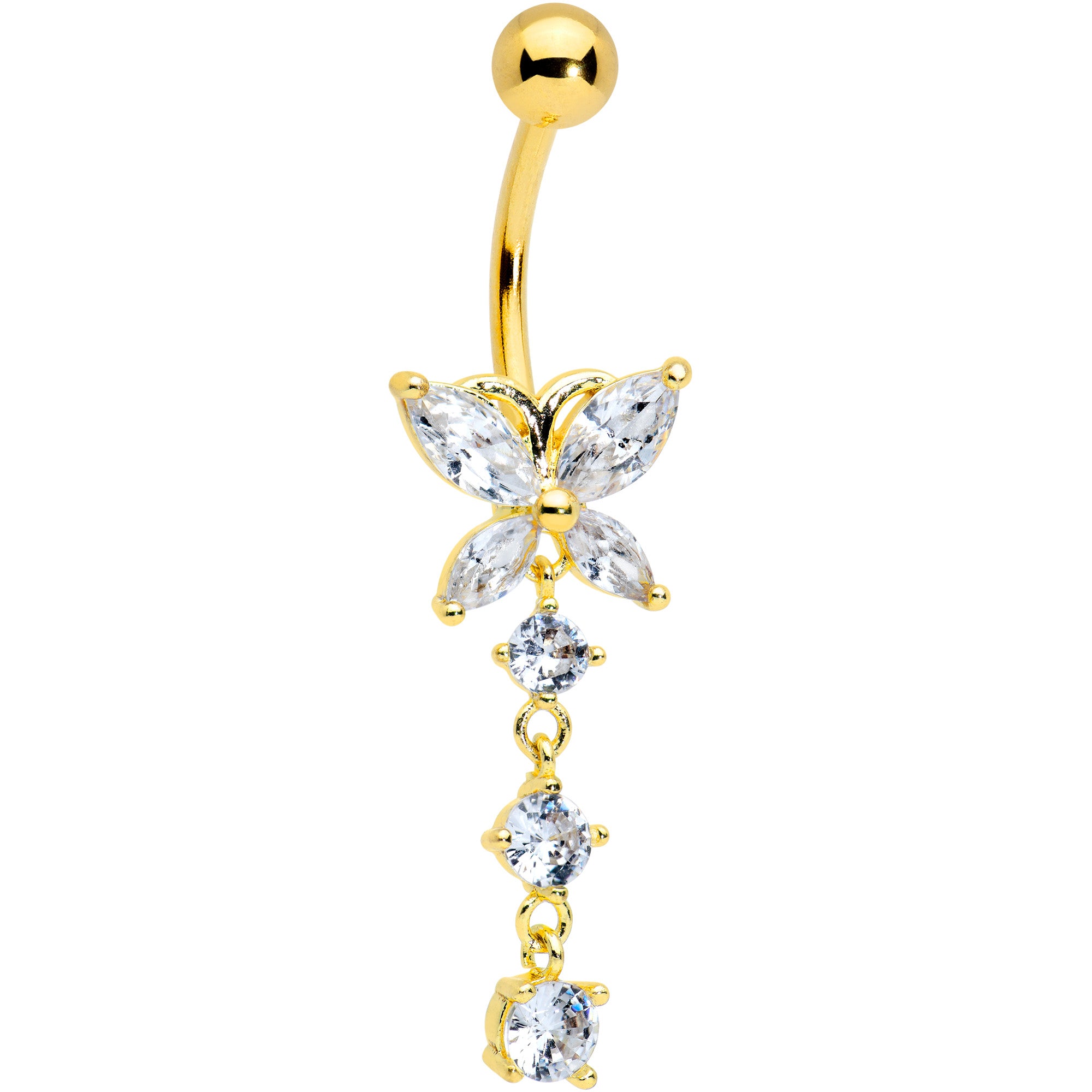 Clear CZ Gem Gold Tone Open Wing Butterfly Dangle Belly Ring